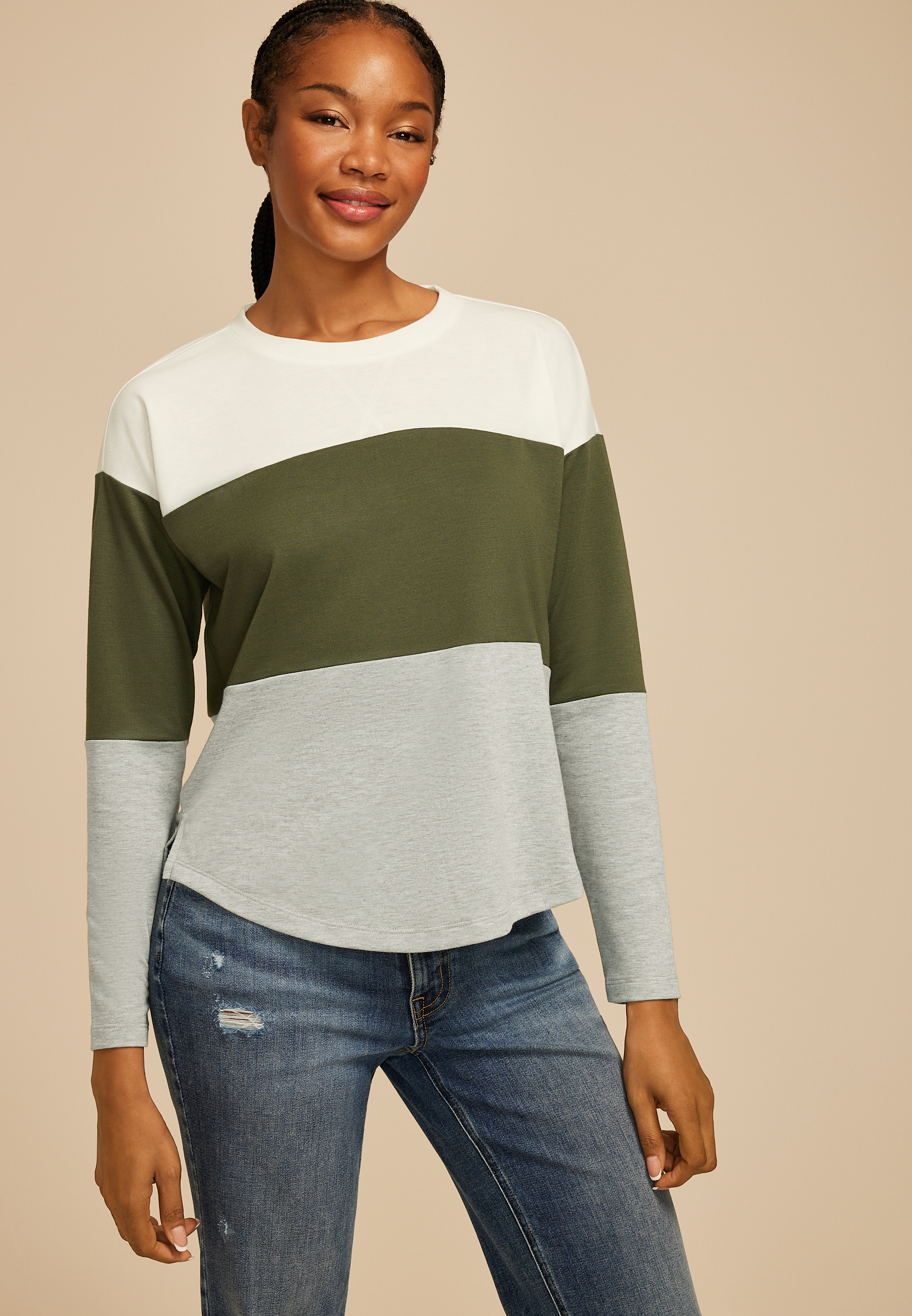 24/7 Clara Colorblock Long Sleeve Tee, OLIVE COMBO, large