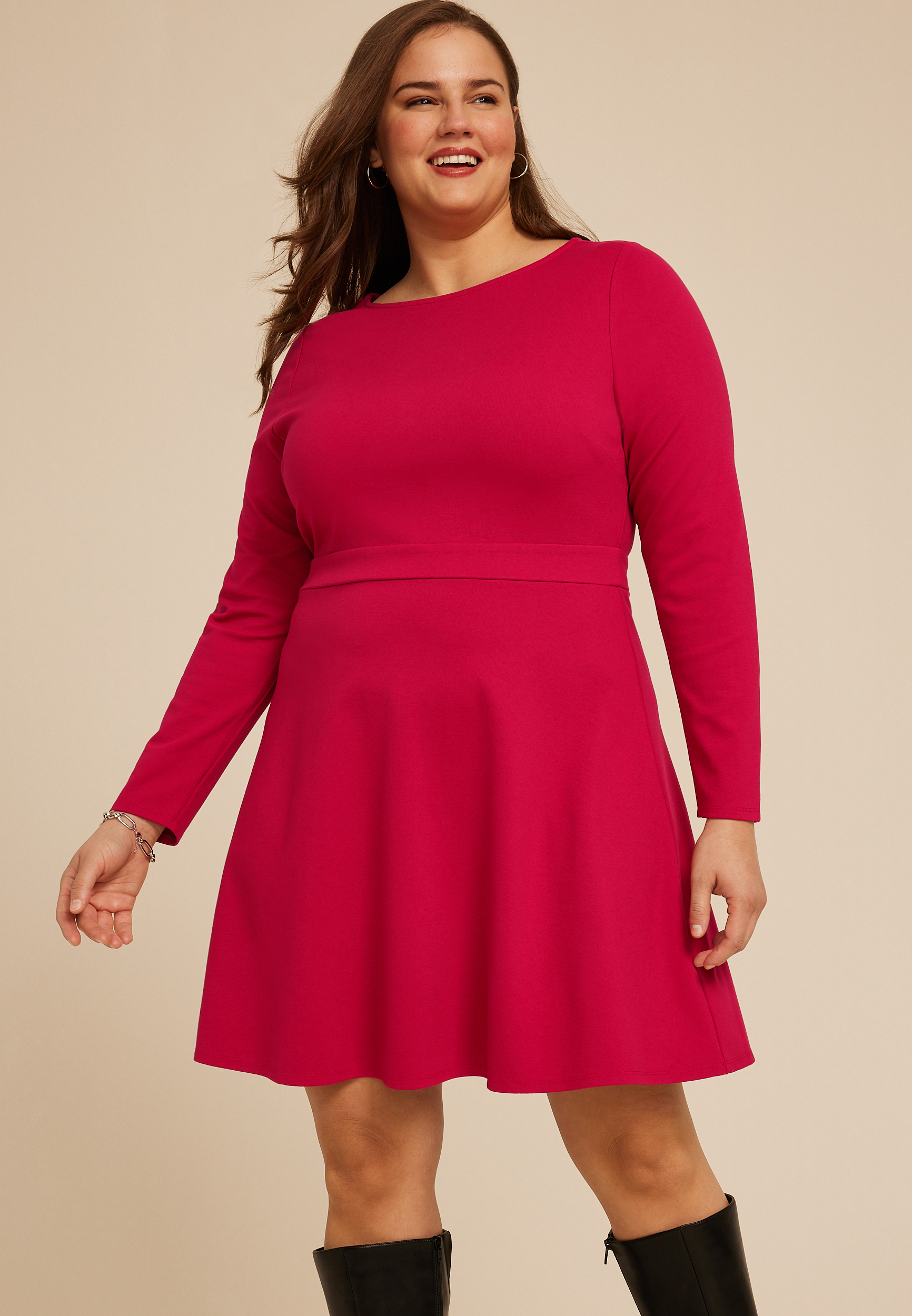Plus Size Red Ponte Long Sleeve Mini Dress