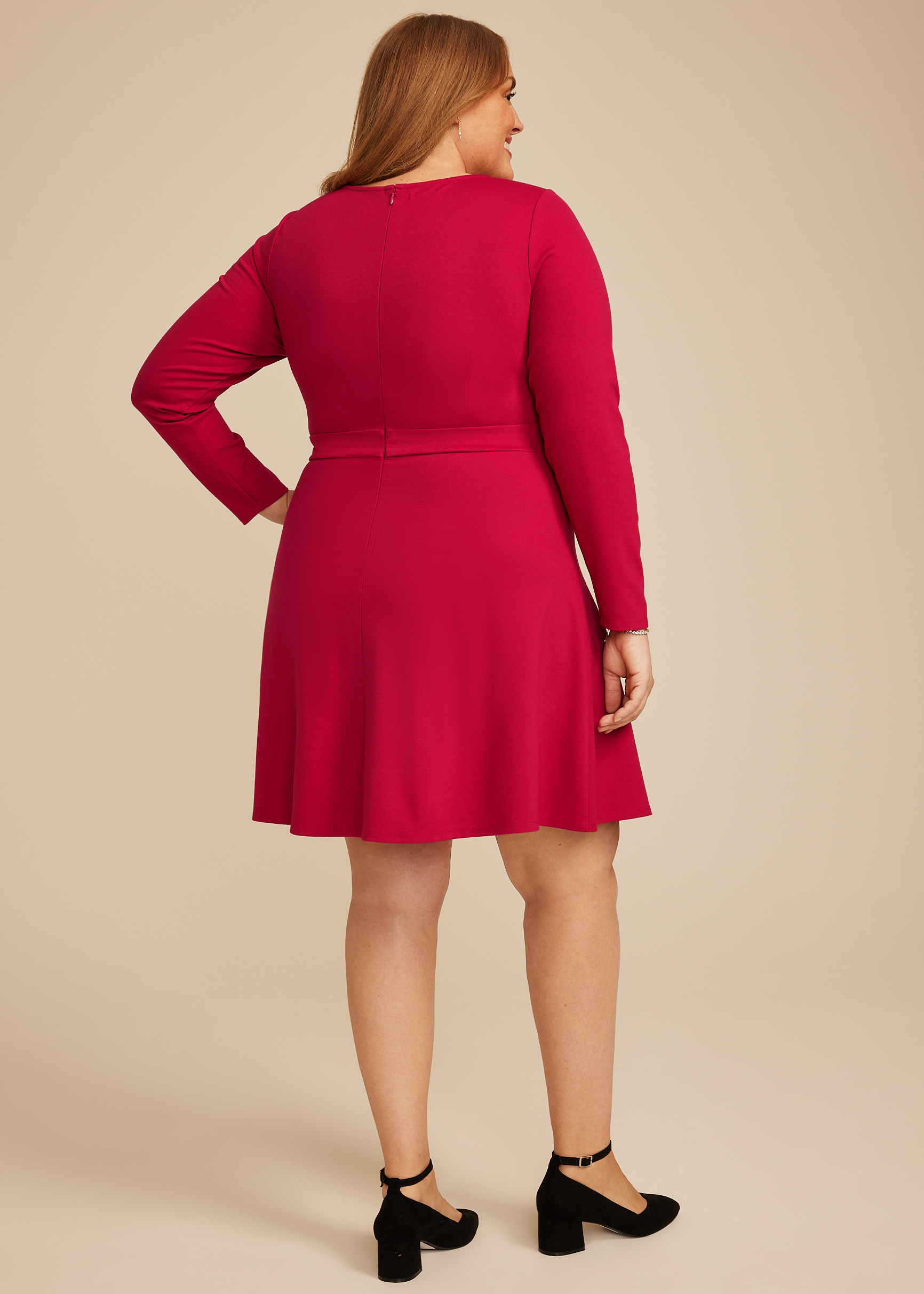 Plus Size Red Ponte Long Sleeve Mini Dress, C4486, large