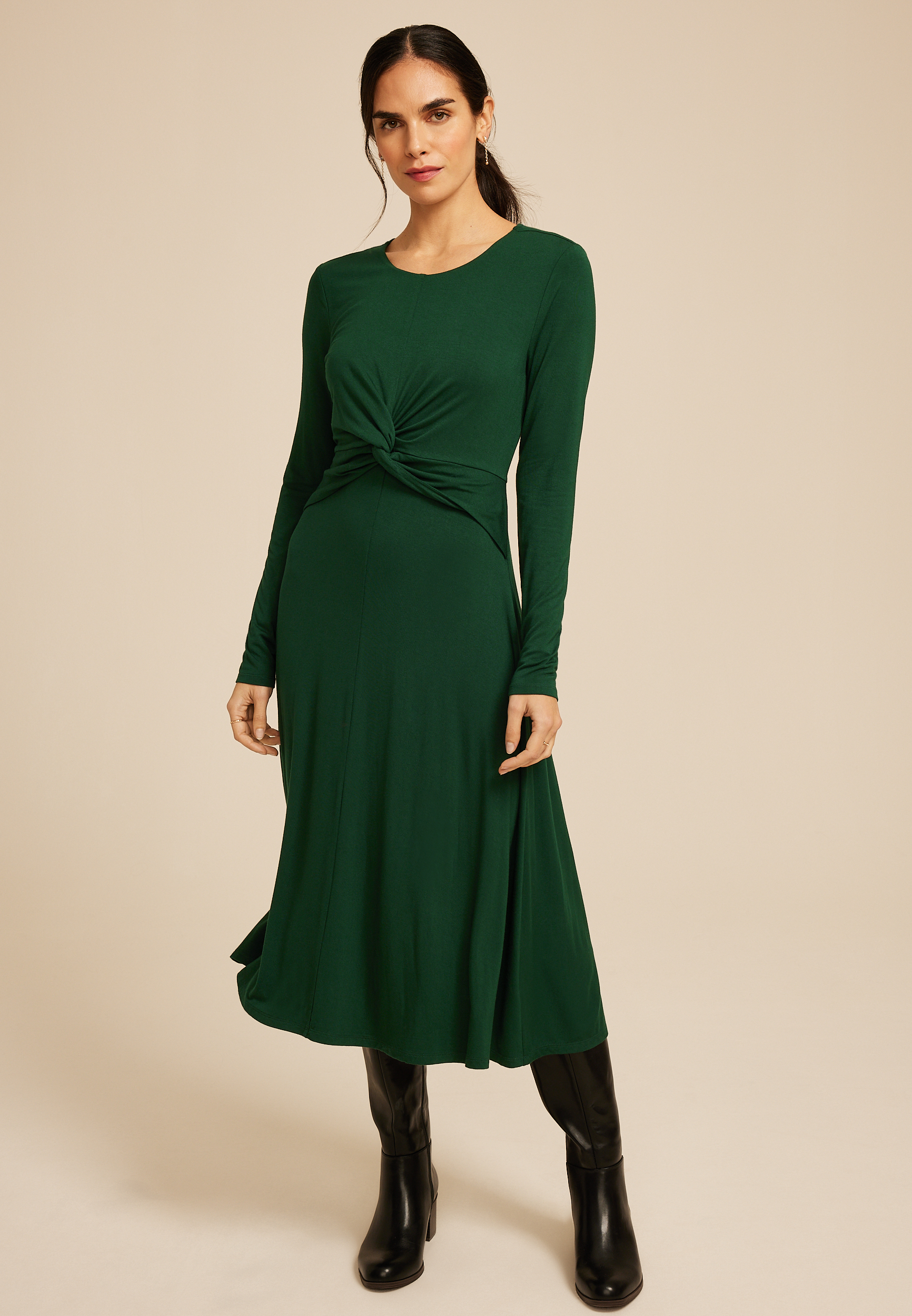 Green Twist Front Long Sleeve Midi Dress