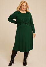 Plus Size Green Twist Front Long Sleeve Midi Dress, MYRTL GREEN, small