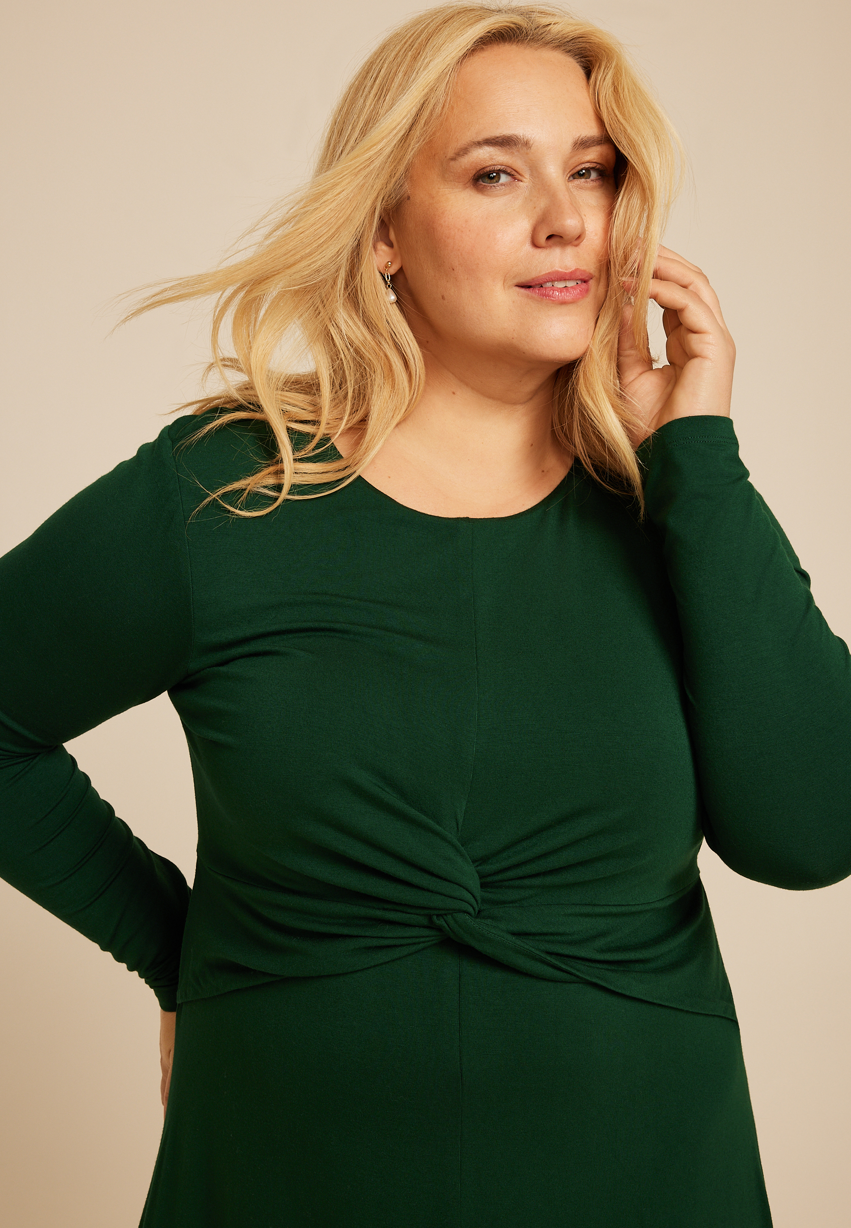 Plus Size Green Twist Front Long Sleeve Midi Dress, MYRTL GREEN, large
