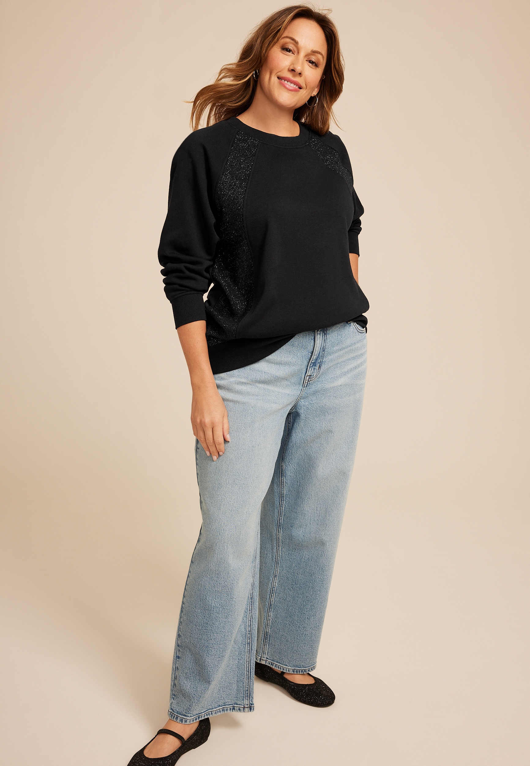 Plus Size Studio Y Black Shimmer Tunic Sweatshirt, C106, large