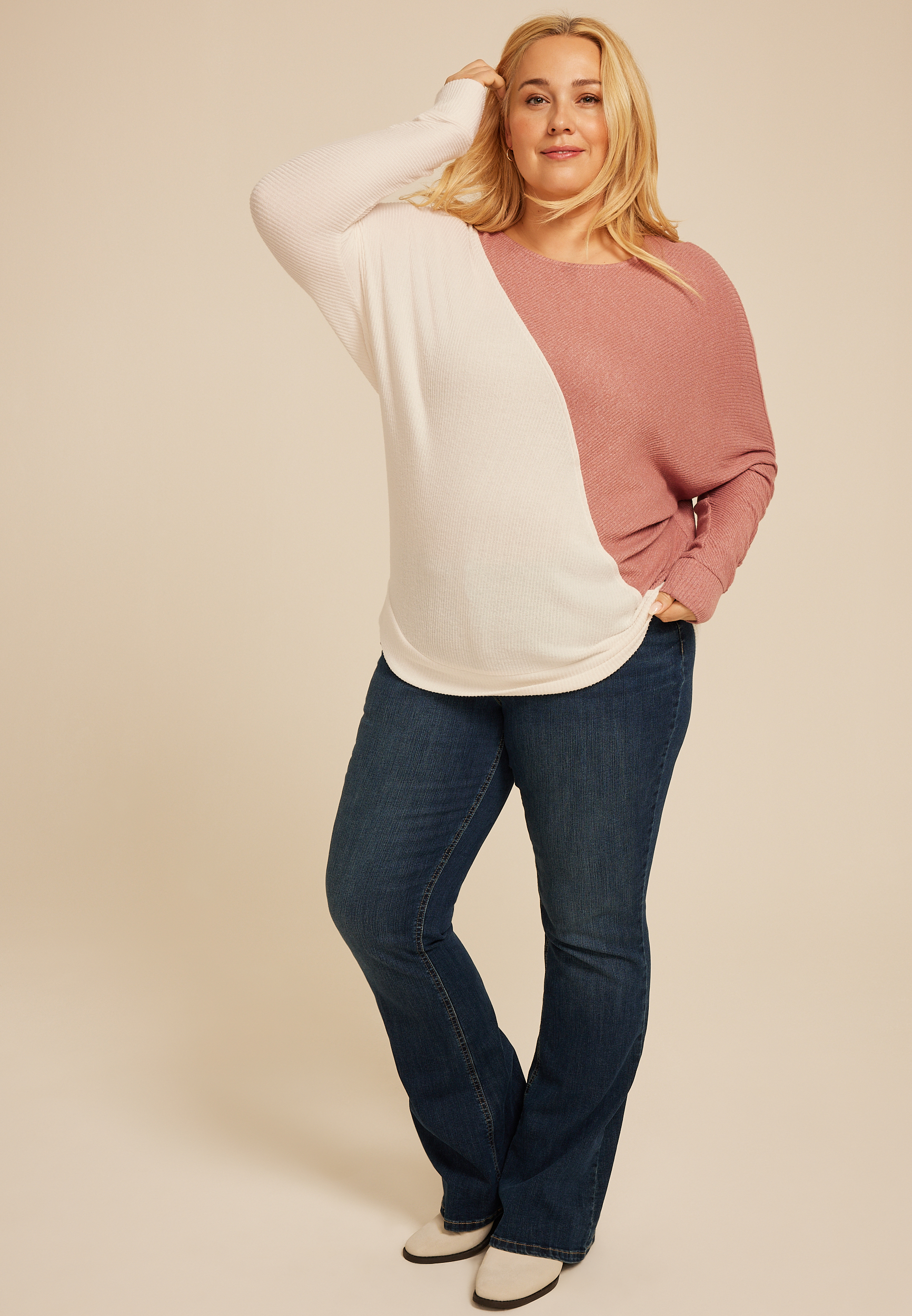 Plus Size 24/7 Dakota Diagonal Seam Colorblock Long Sleeve Tee, C4356, large