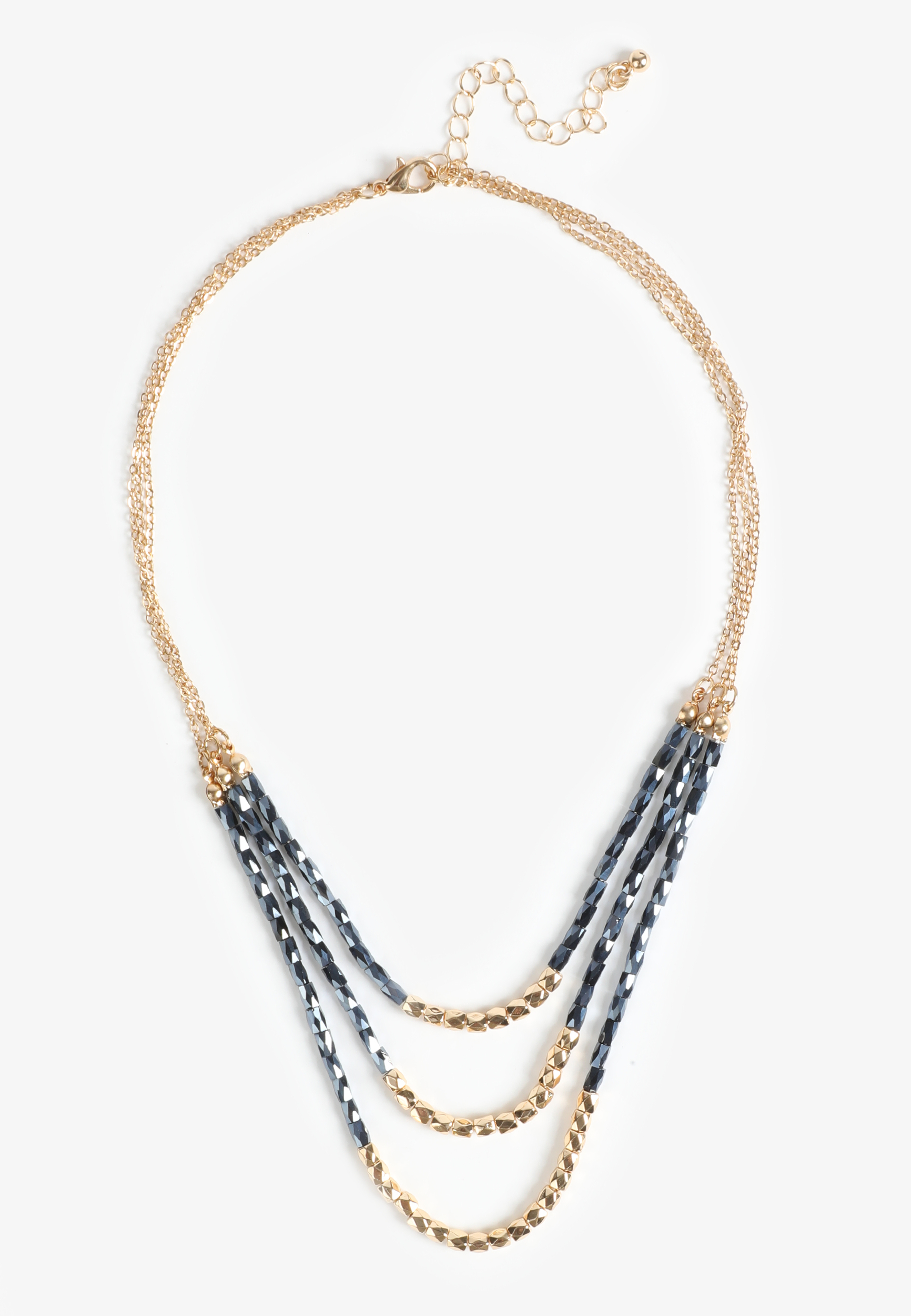 Gold and Metallic Beaded Layered Necklace, GOLD, large