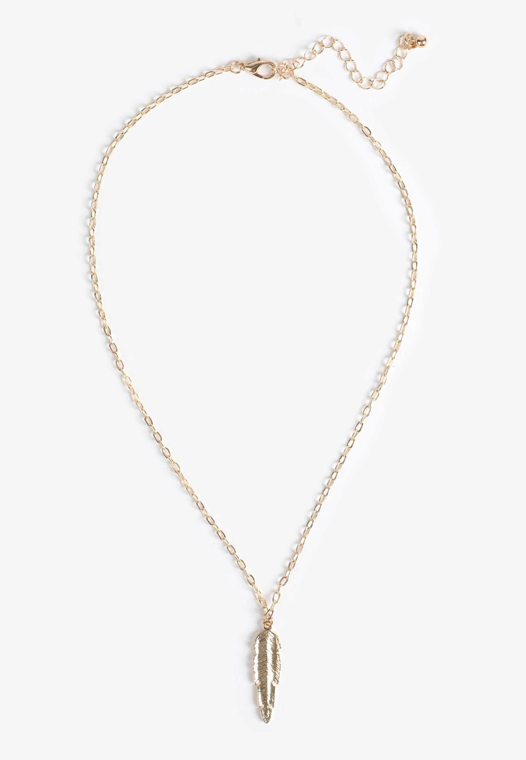 Gold Feather Pendant Necklace, GOLD, large