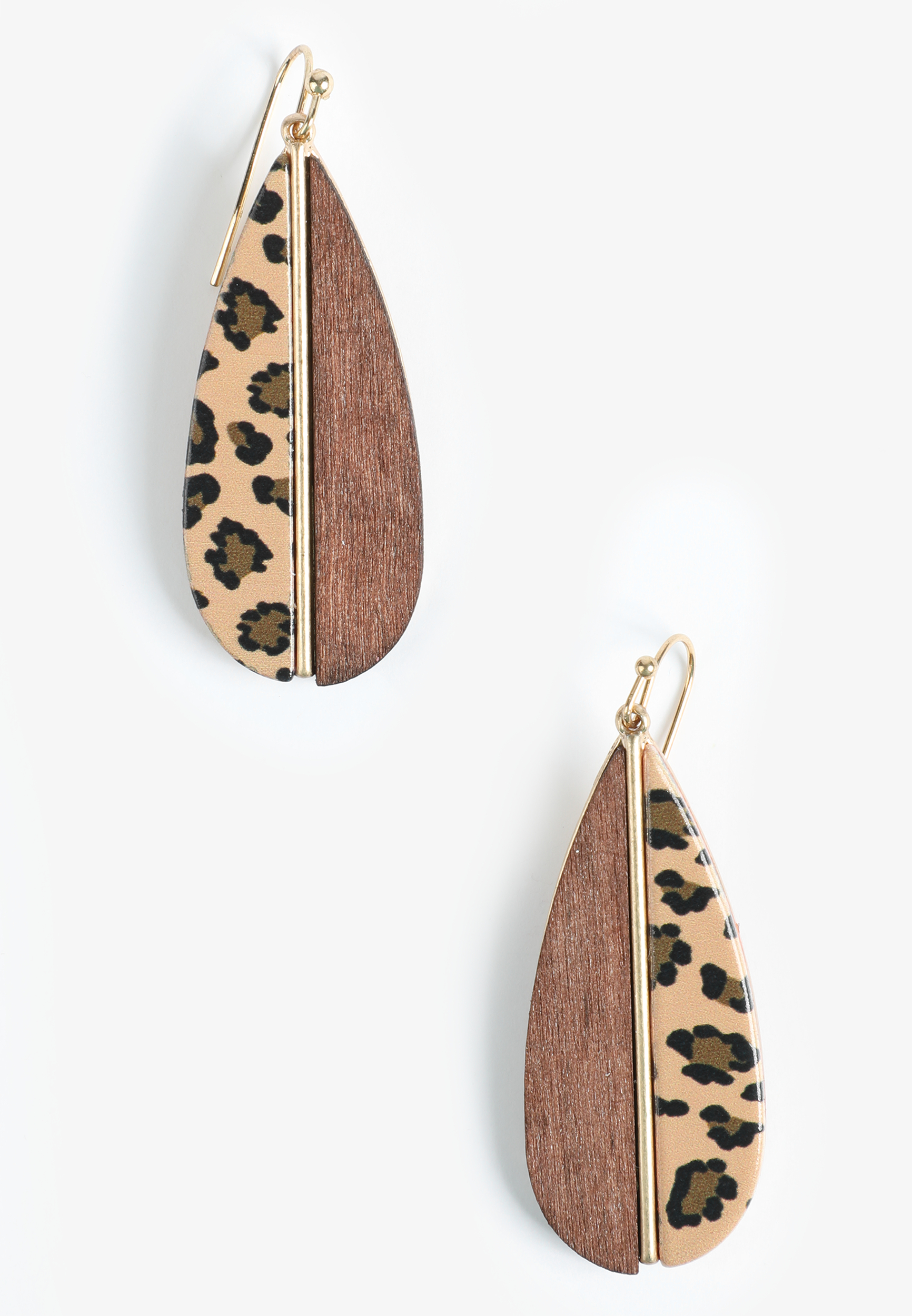 Leopard Print And Wood Teardrop Earrings