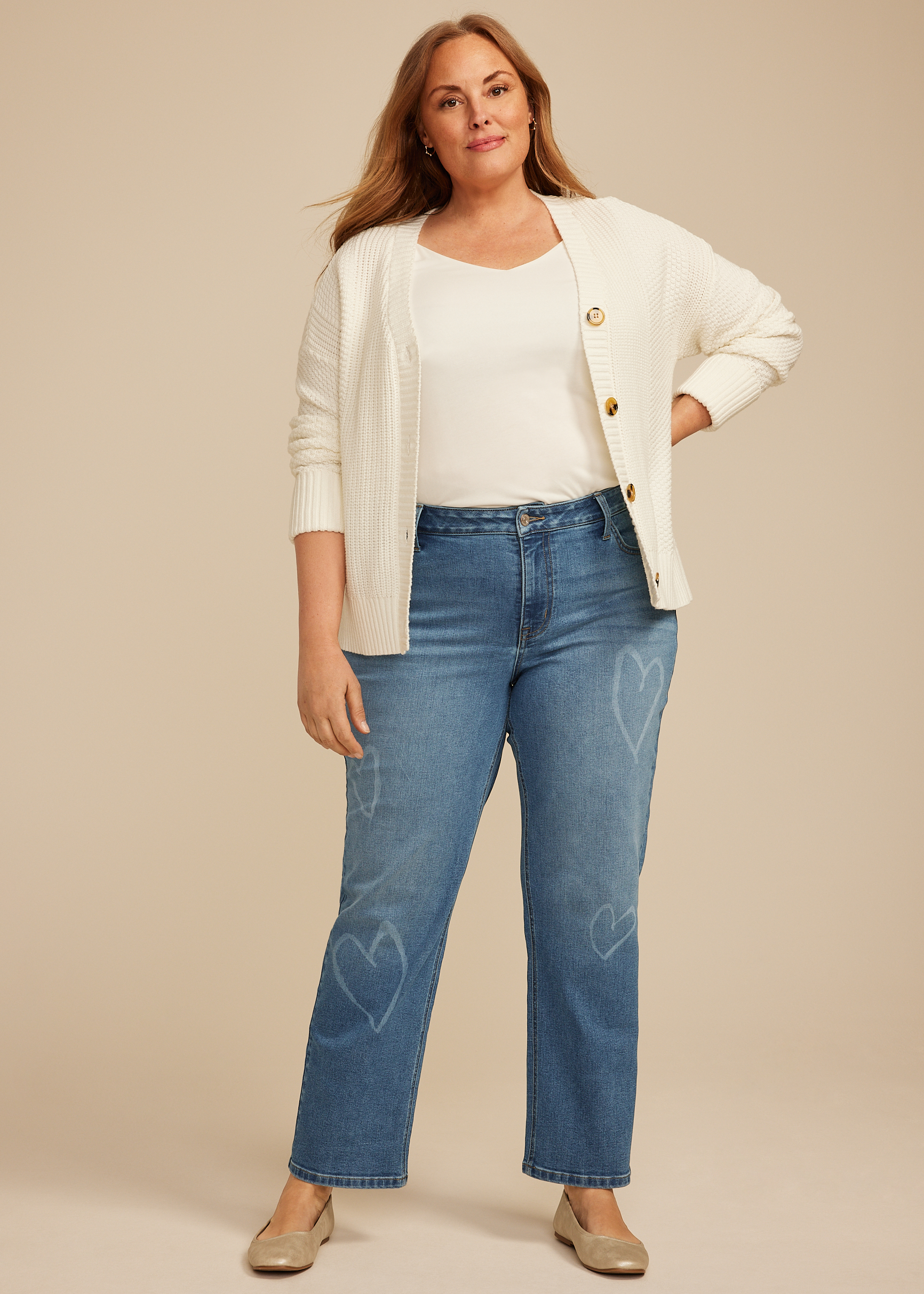 Plus Size Heart Print High Rise Relaxed Straight Leg Jean, C3337, large