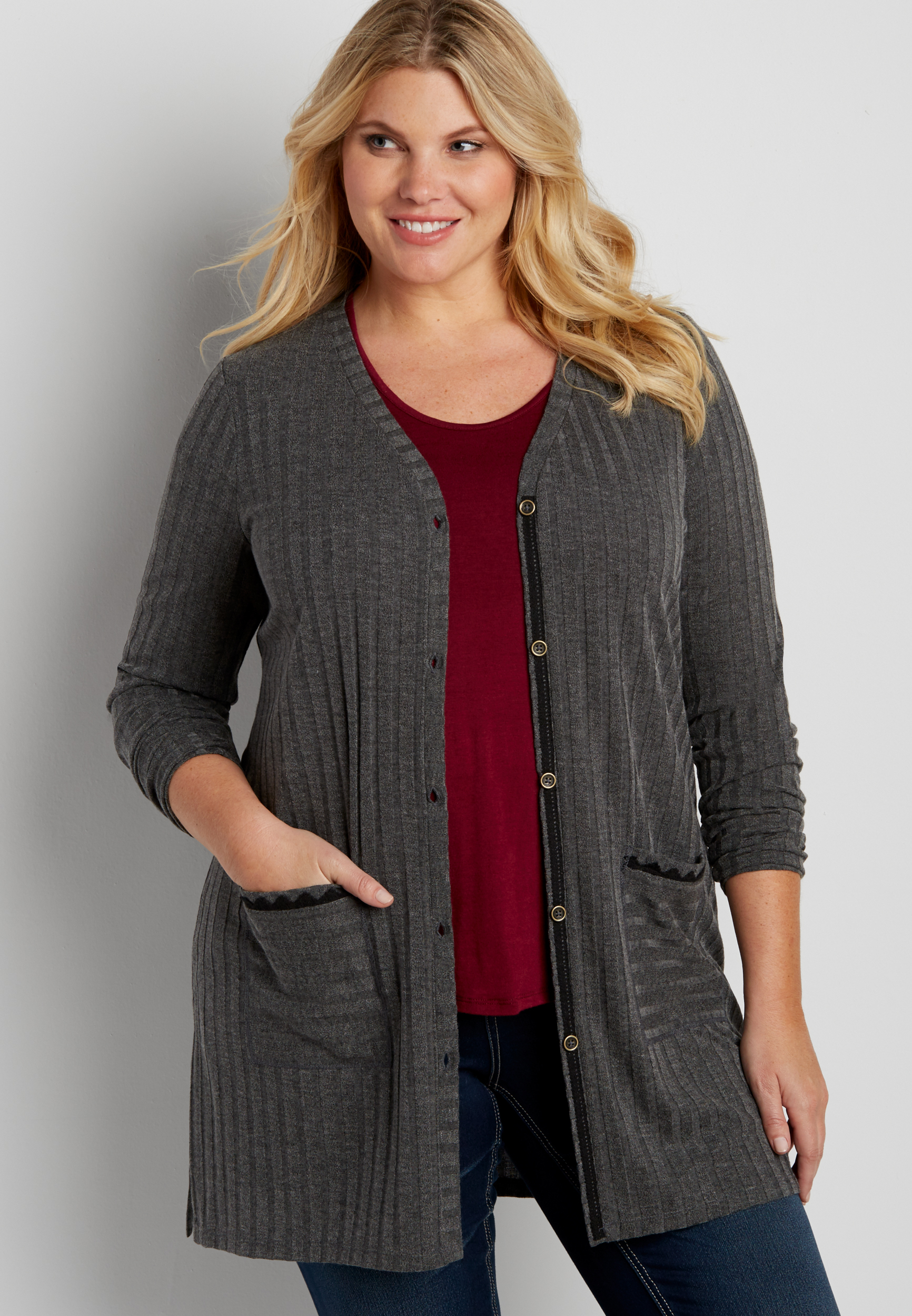 plus size ribbed boyfriend cardigan with crocheted trim maurices