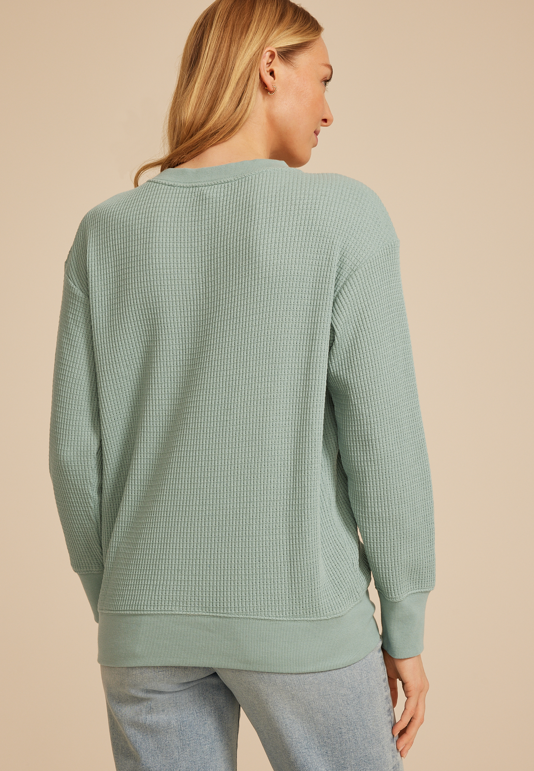 Waffle Knit Floral Embroidered Relaxed Fit Sweatshirt, C9826, large