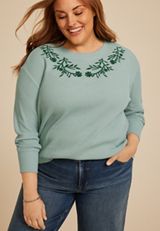 Plus Size Waffle Knit Floral Embroidered Relaxed Fit Sweatshirt, C9826, small