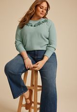 Plus Size Waffle Knit Floral Embroidered Relaxed Fit Sweatshirt, C9826, small