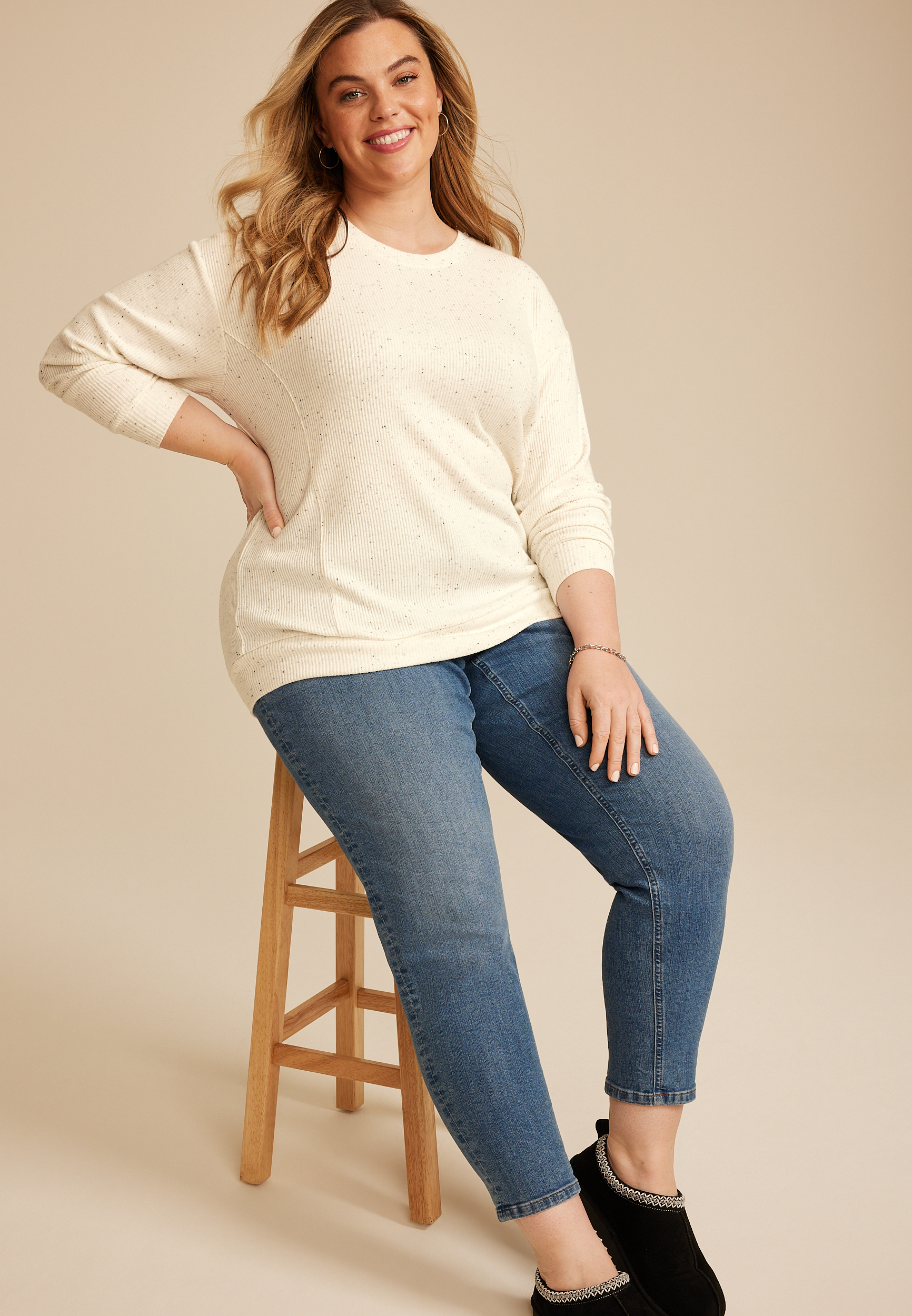 Plus Size 24/7 Hacci Speckled Long Sleeve Tee, ECRU COMBO, large