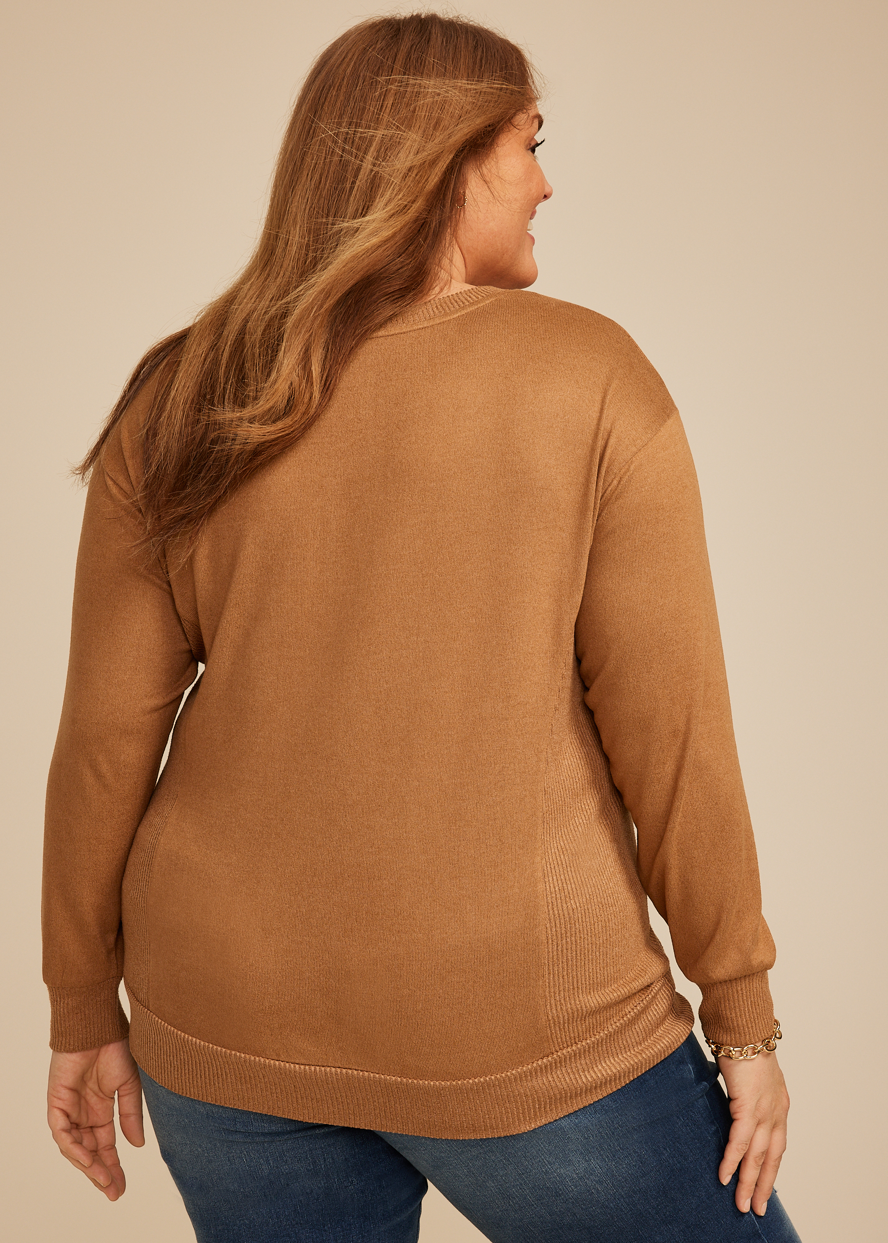 Plus Size 24/7 Hacci Ribbed Side Long Sleeve Tee, C1457, large