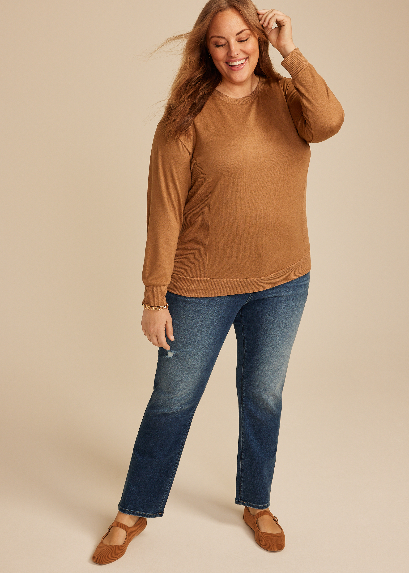 Plus Size 24/7 Hacci Ribbed Side Long Sleeve Tee, C1457, large