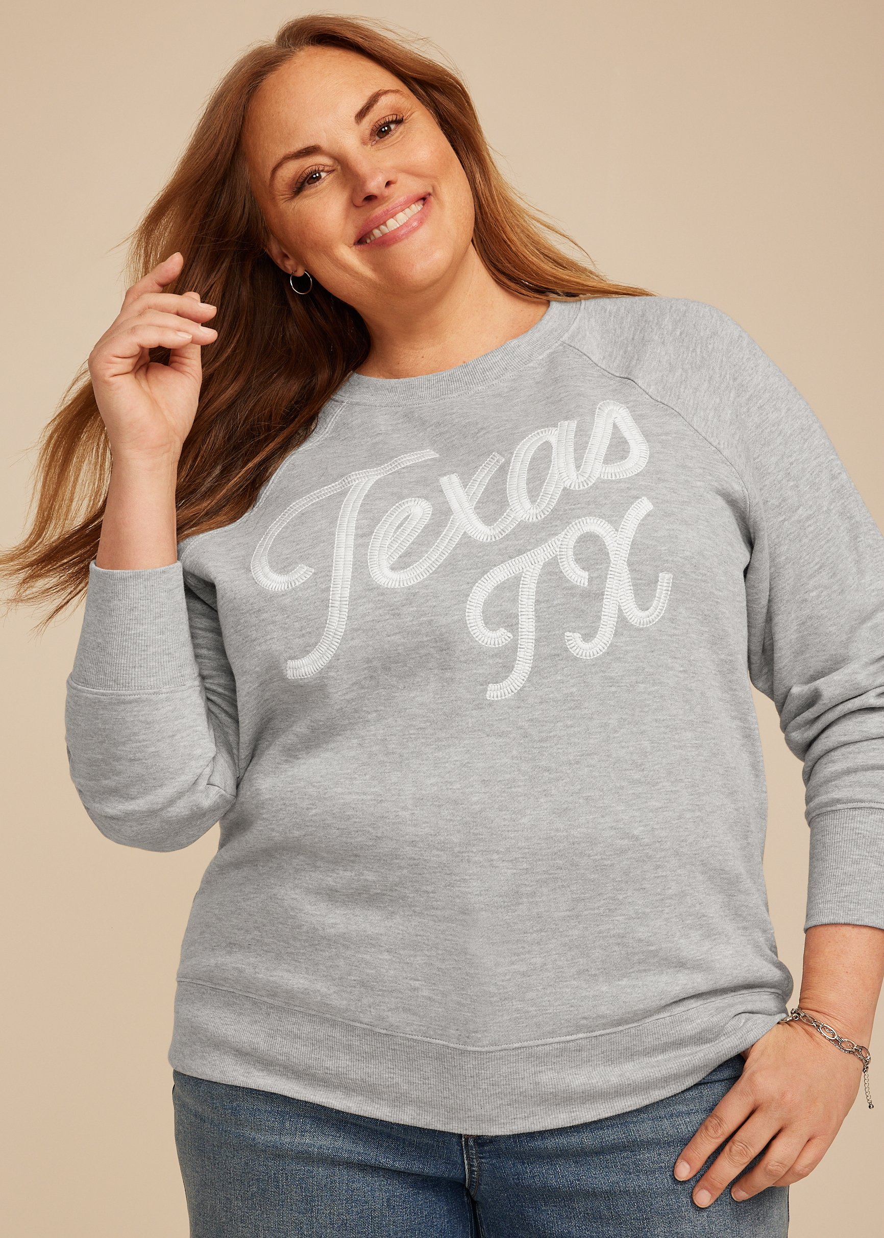 Plus Size State Embroidered Crew Neck Sweatshirt