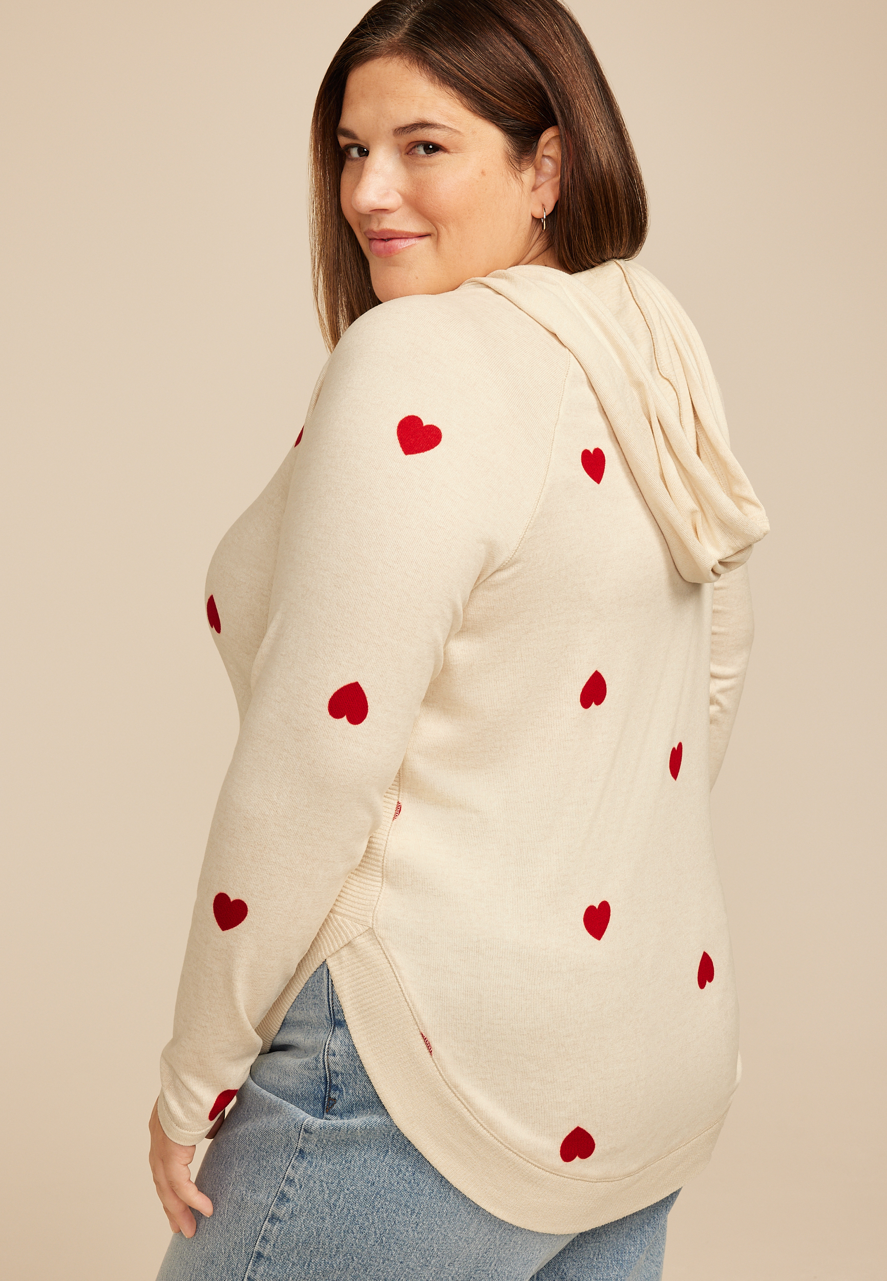 Plus Size Haven Heart Print Hoodie, LIGHT OATMEAL HEATHR CMBO, large