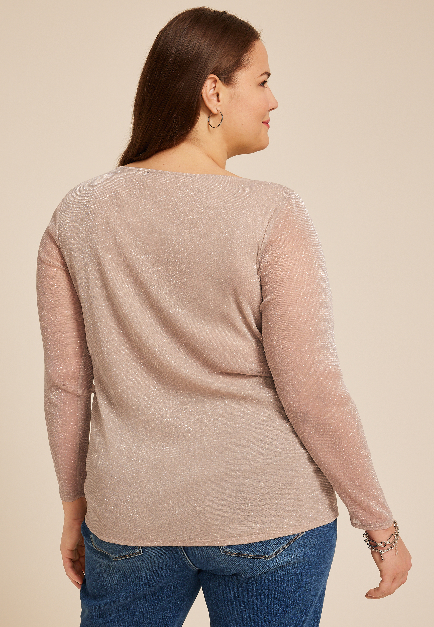 Plus Size Studio Y Shimmer Mesh Long Sleeve Tee, C5590, large