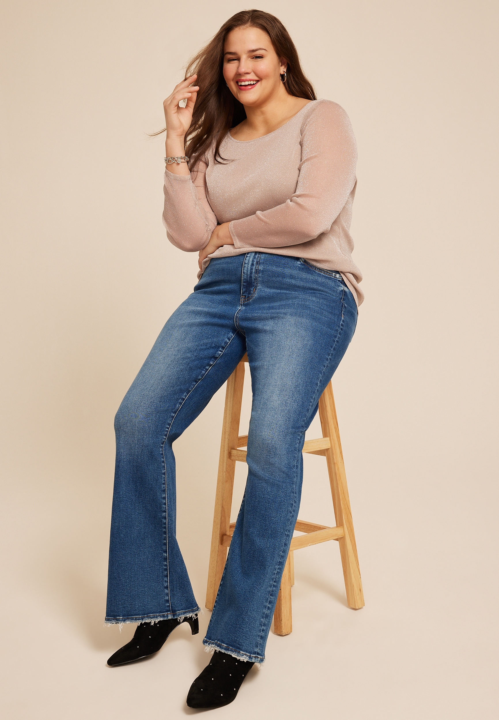 Plus Size Studio Y Shimmer Mesh Long Sleeve Tee, C5590, large