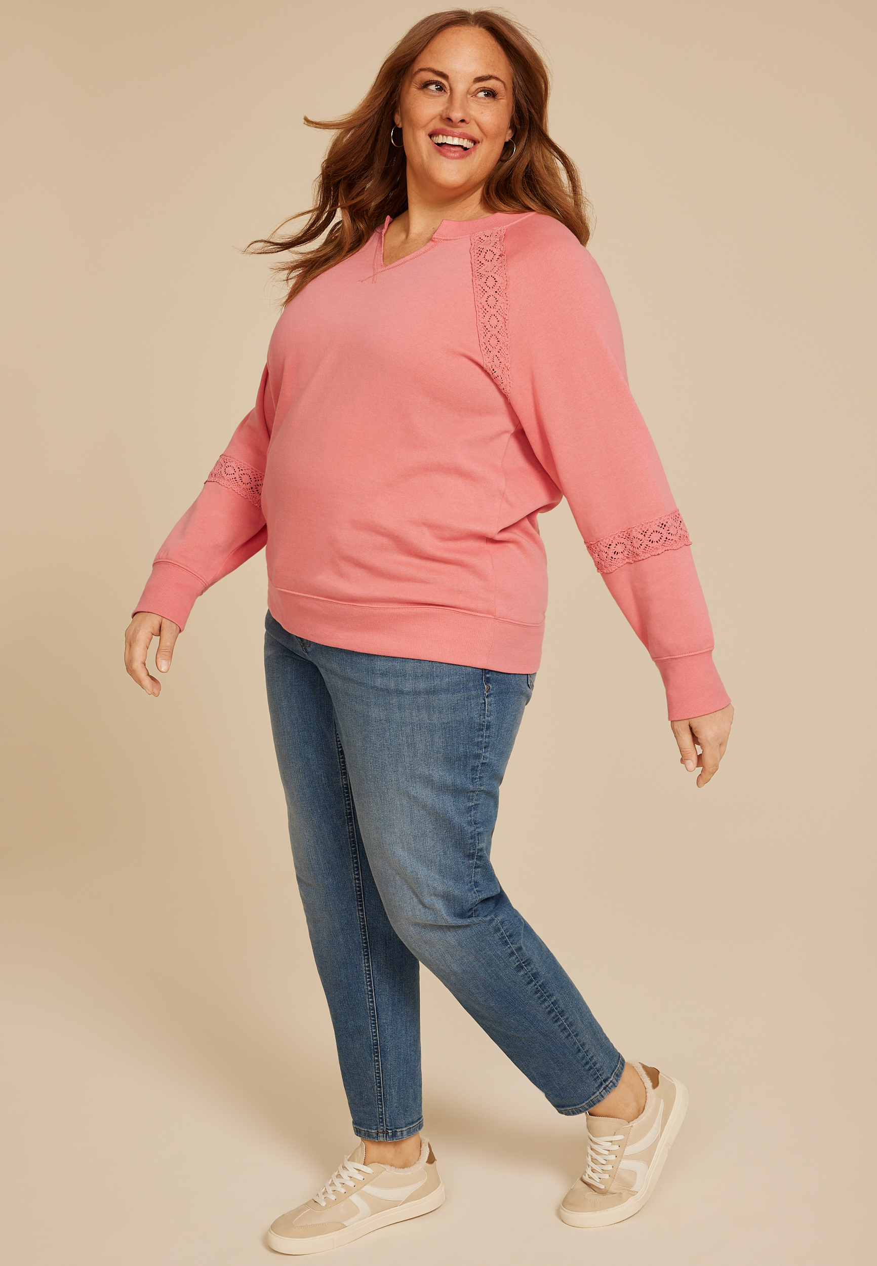 Plus Size Crochet Mix Relaxed Fit Sweatshirt - thumbnail 6