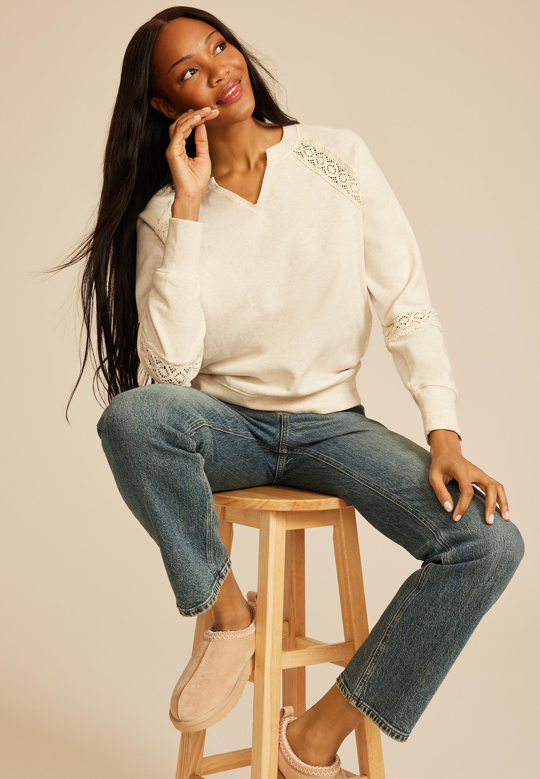 Crochet Mix Relaxed Fit Sweatshirt, C2445, large