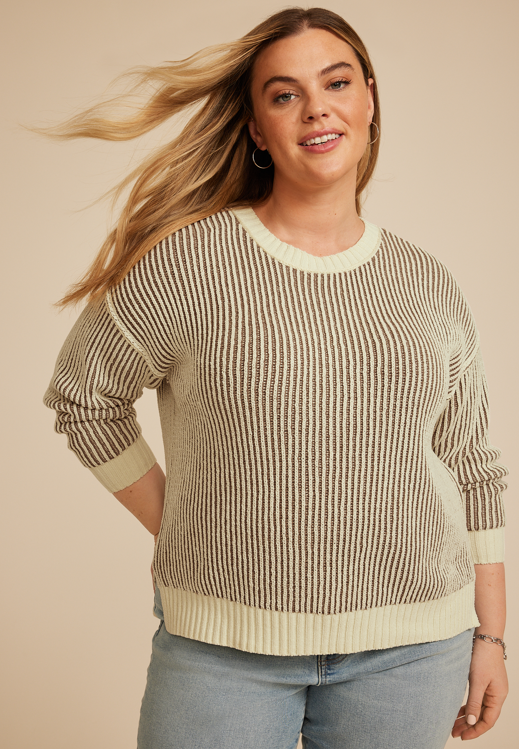 Plus Size Neutral Plaited Striped Sweater