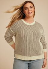 Plus Size Striped Plaited Sweater, ASHWOOD COMBO, small