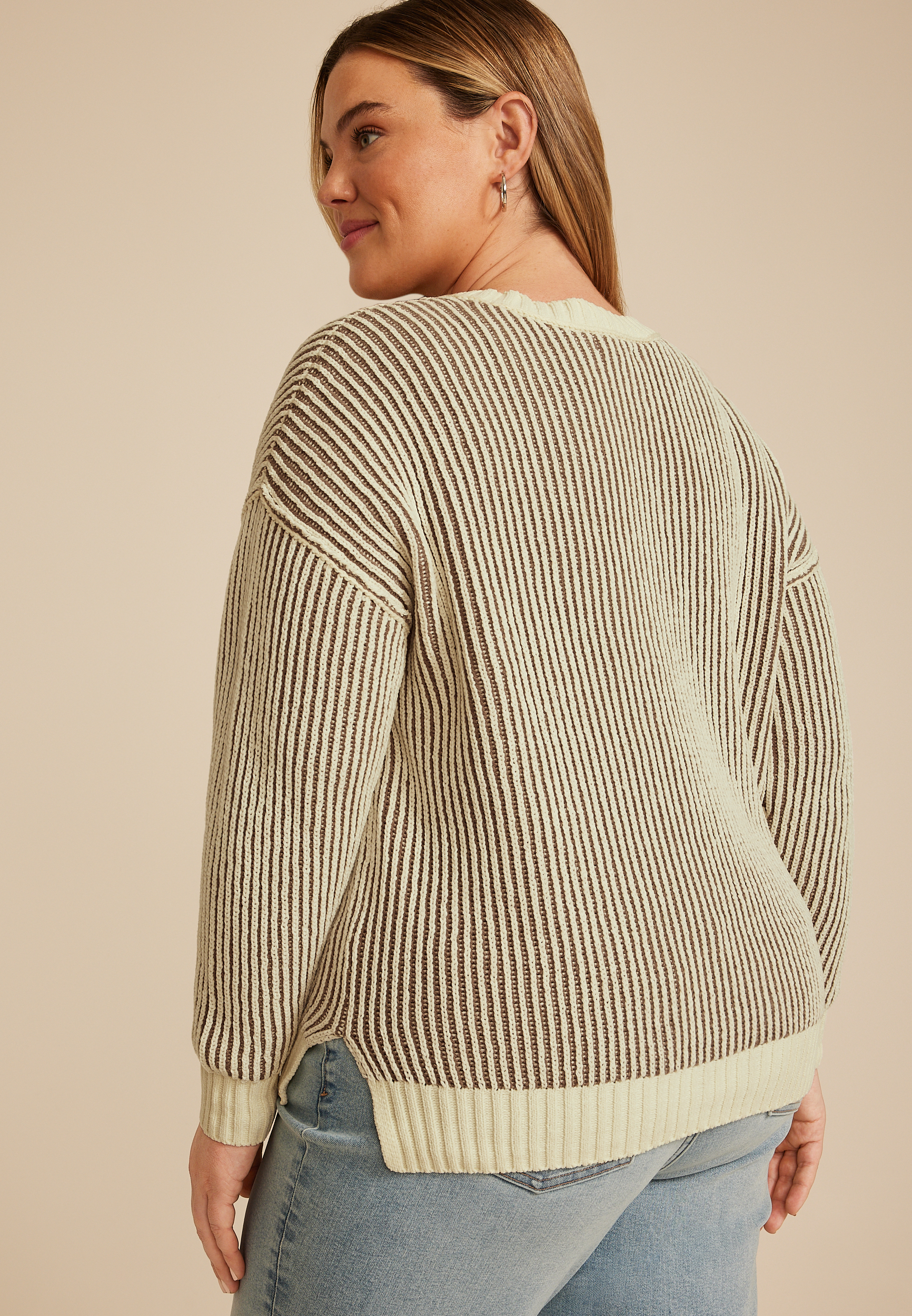 Plus Size Striped Plaited Sweater, ASHWOOD COMBO, large