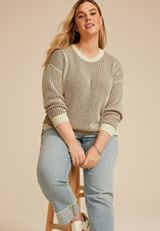 Plus Size Striped Plaited Sweater, ASHWOOD COMBO, small
