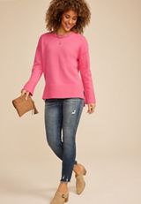 Crew Neck Step Hem Sweater, PINK, small