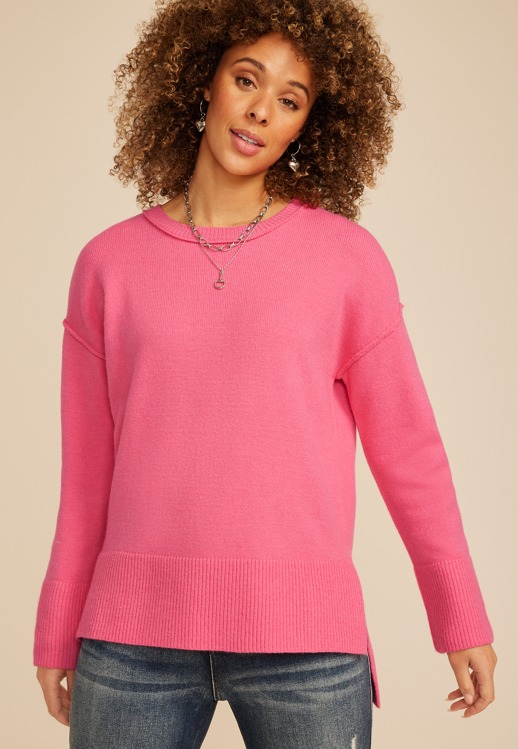 Crew Neck Step Hem Sweater, PINK, large