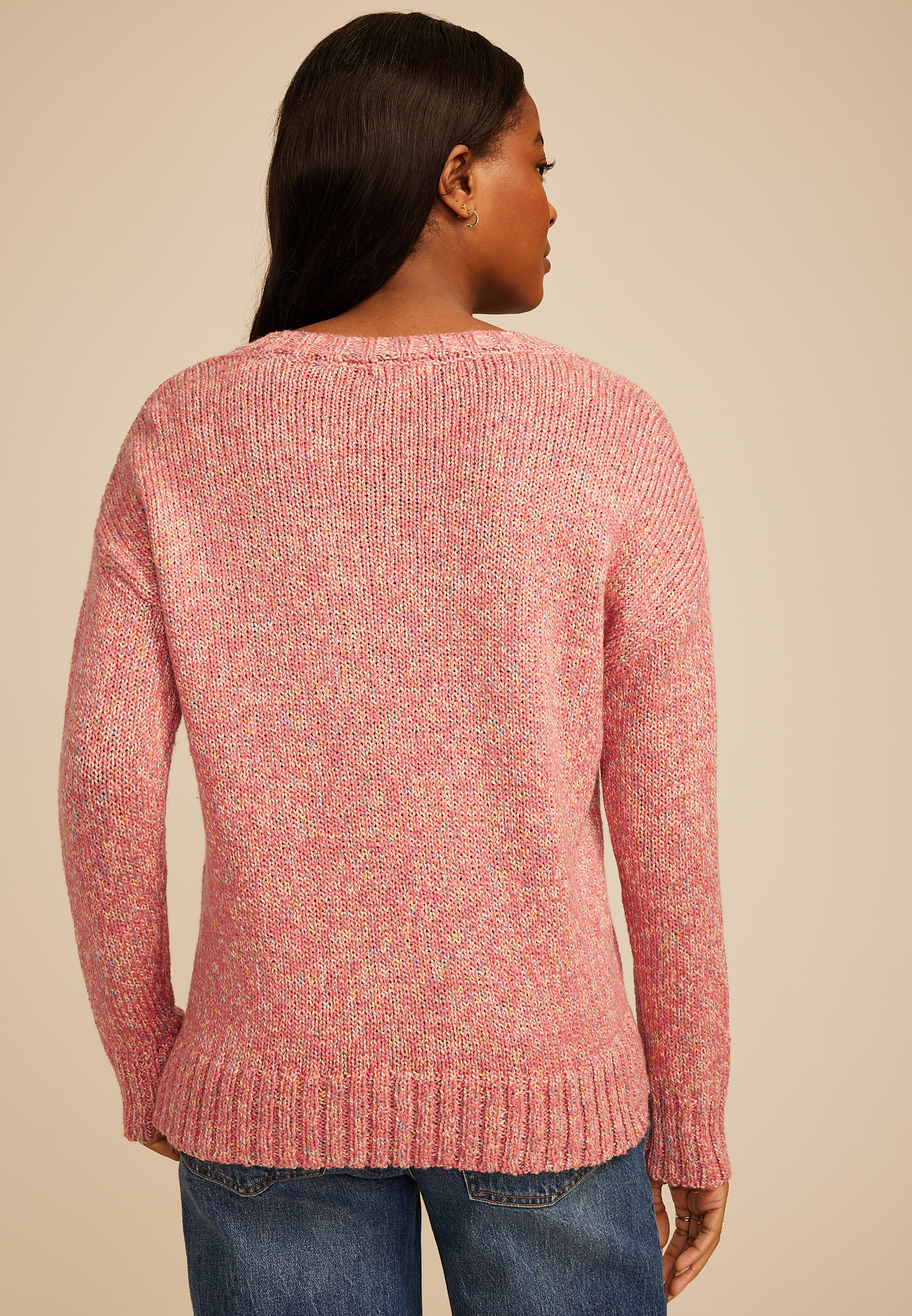 Marled V Neck Sweater, PINK COMBO, large