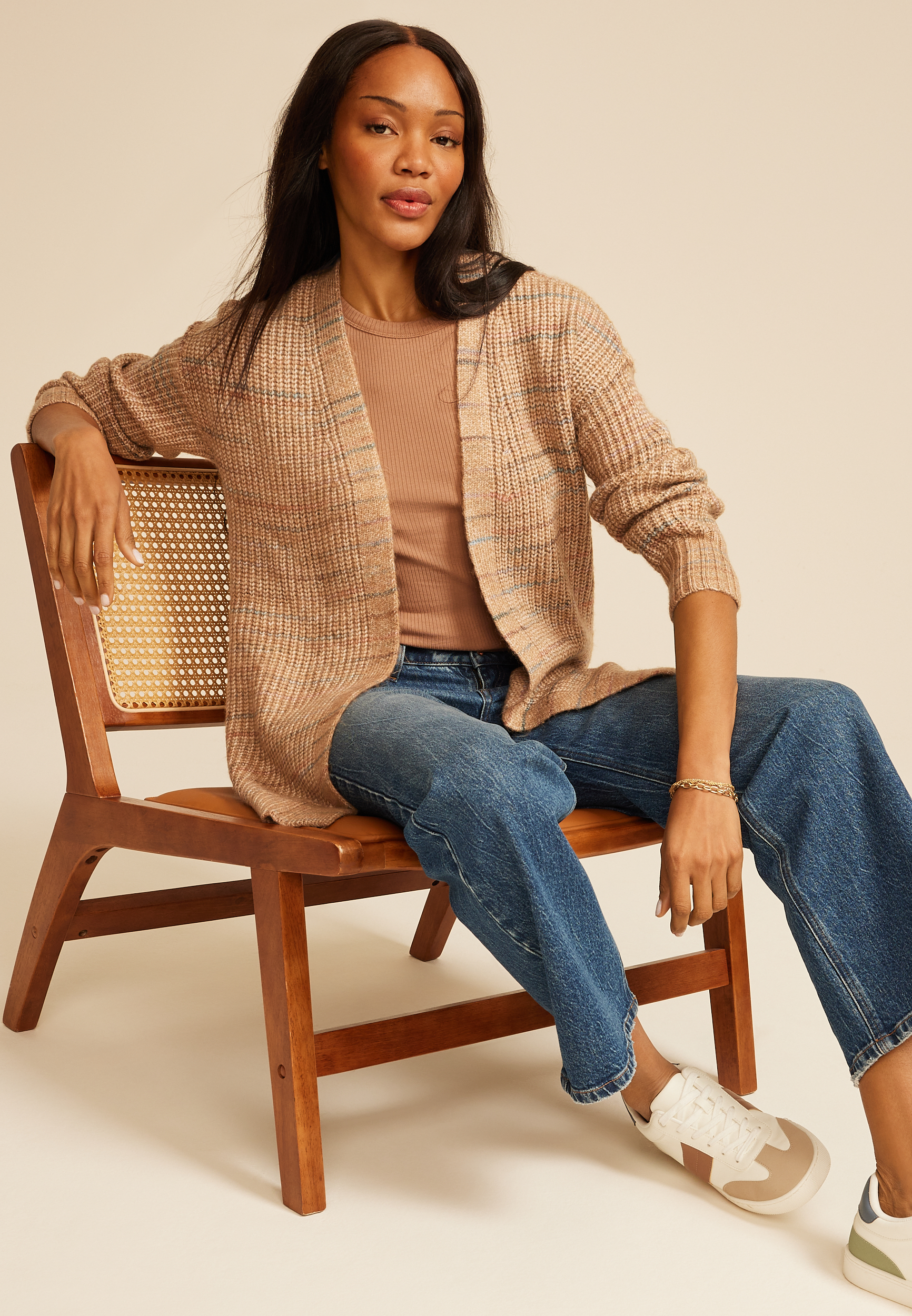 Spacedye Striped Open Front Cardigan, TOBACCO BROWN COMBO, small