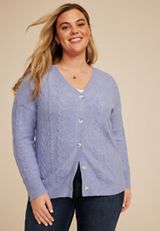 Plus Size Cable Button Front Cardigan, BLUE, small