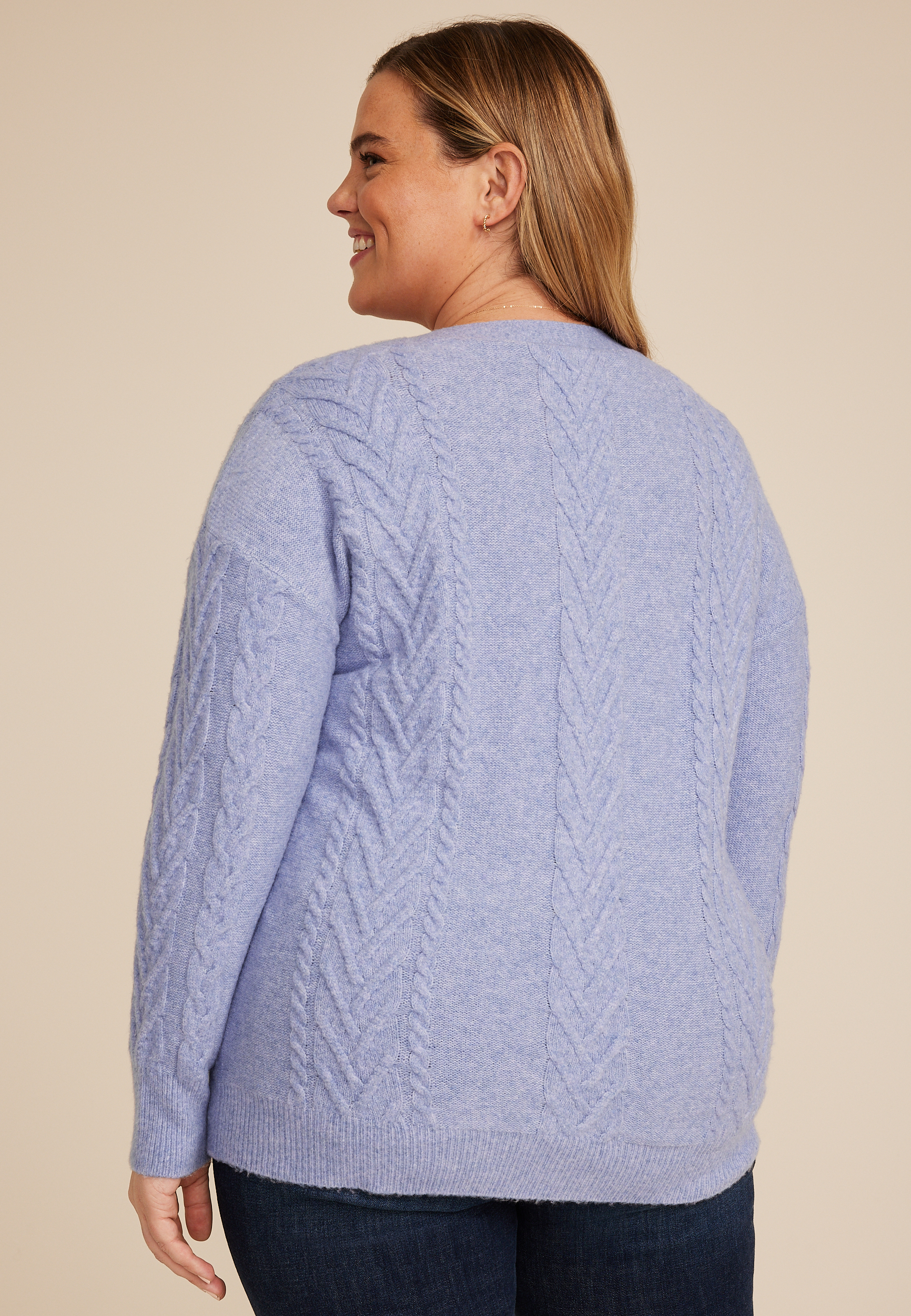 Plus Size Cable Button Front Cardigan, BLUE, large