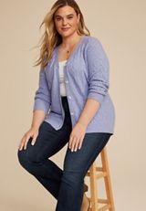 Plus Size Cable Button Front Cardigan, BLUE, small