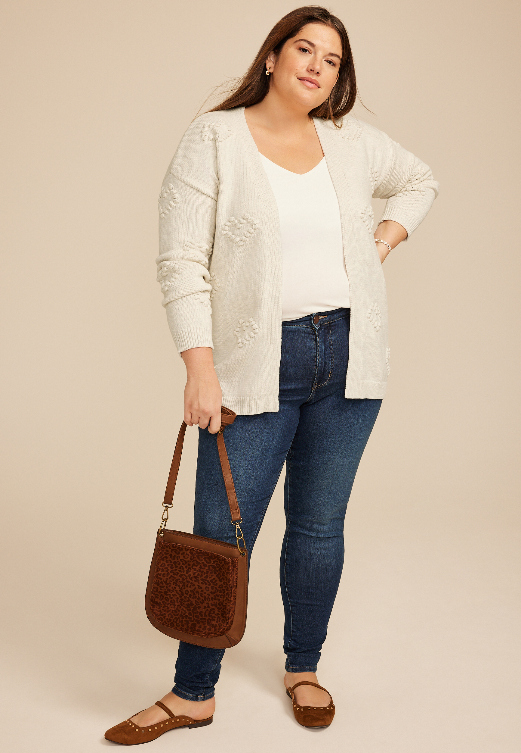 Plus Size Heart Bobble Open Front Cardigan, C3363, large