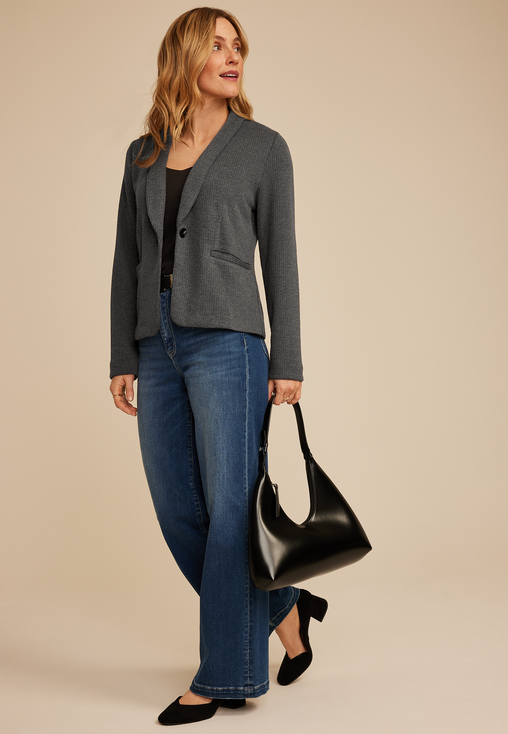 Gray Ribbed Knit Blazer, C125, large
