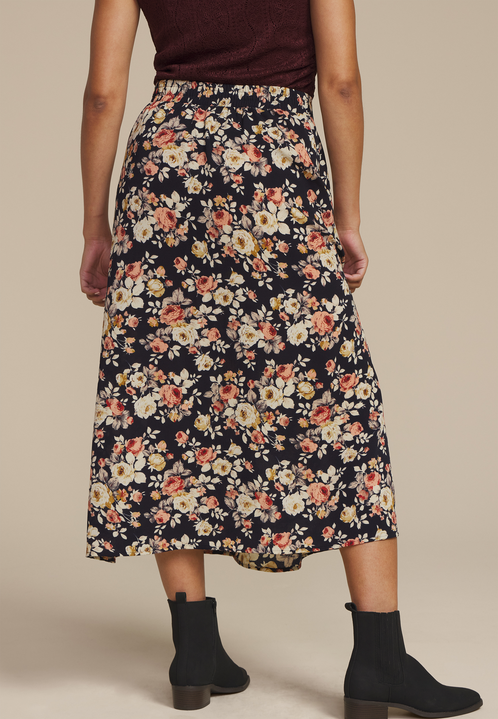Button Front High Rise Midi Skirt, NAVY COMBO, large
