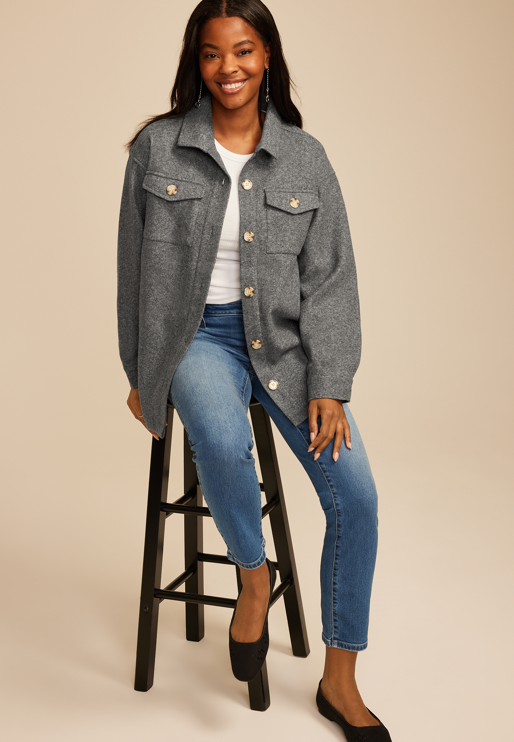 Gray Faux Wool Shacket, GRAY, large