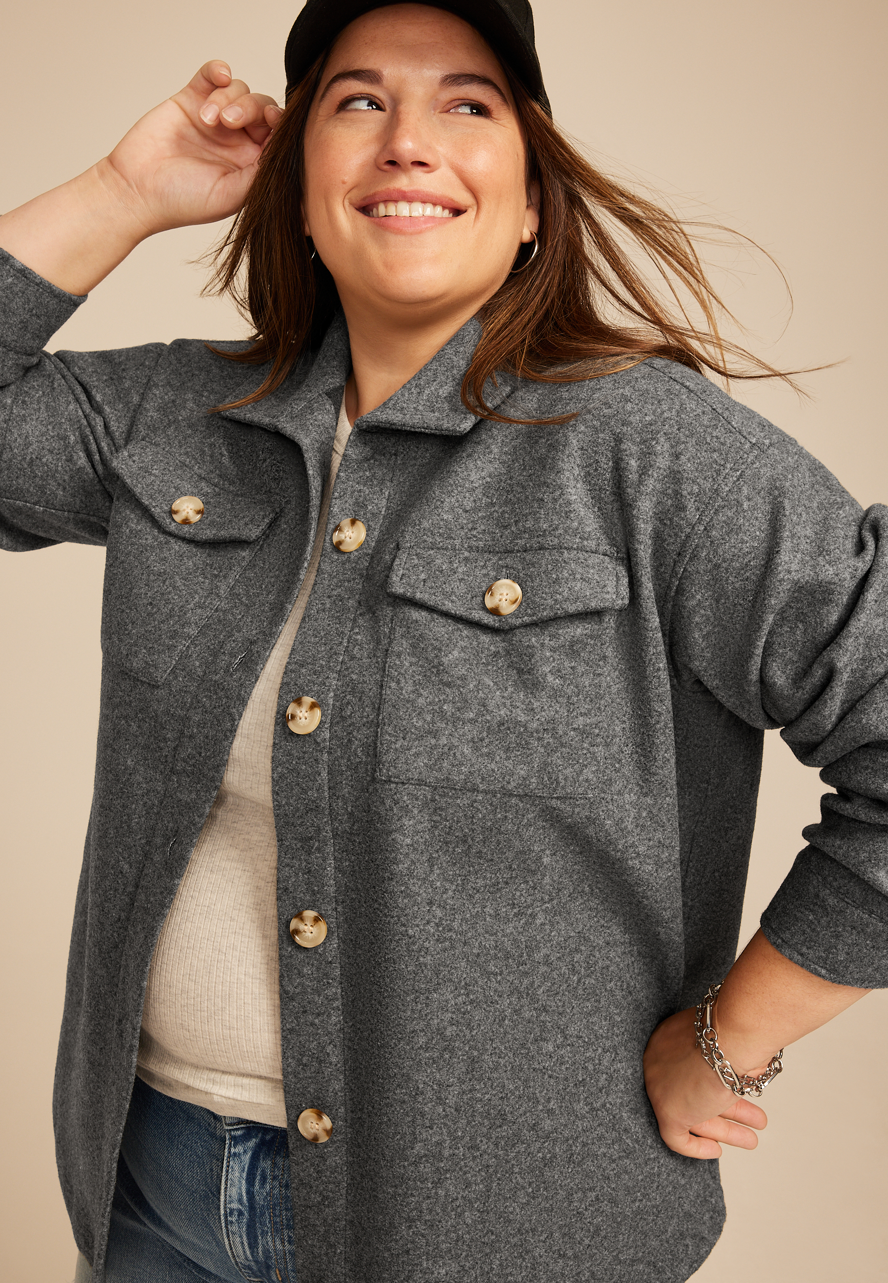 Plus Size Gray Faux Wool Shacket, C829, large