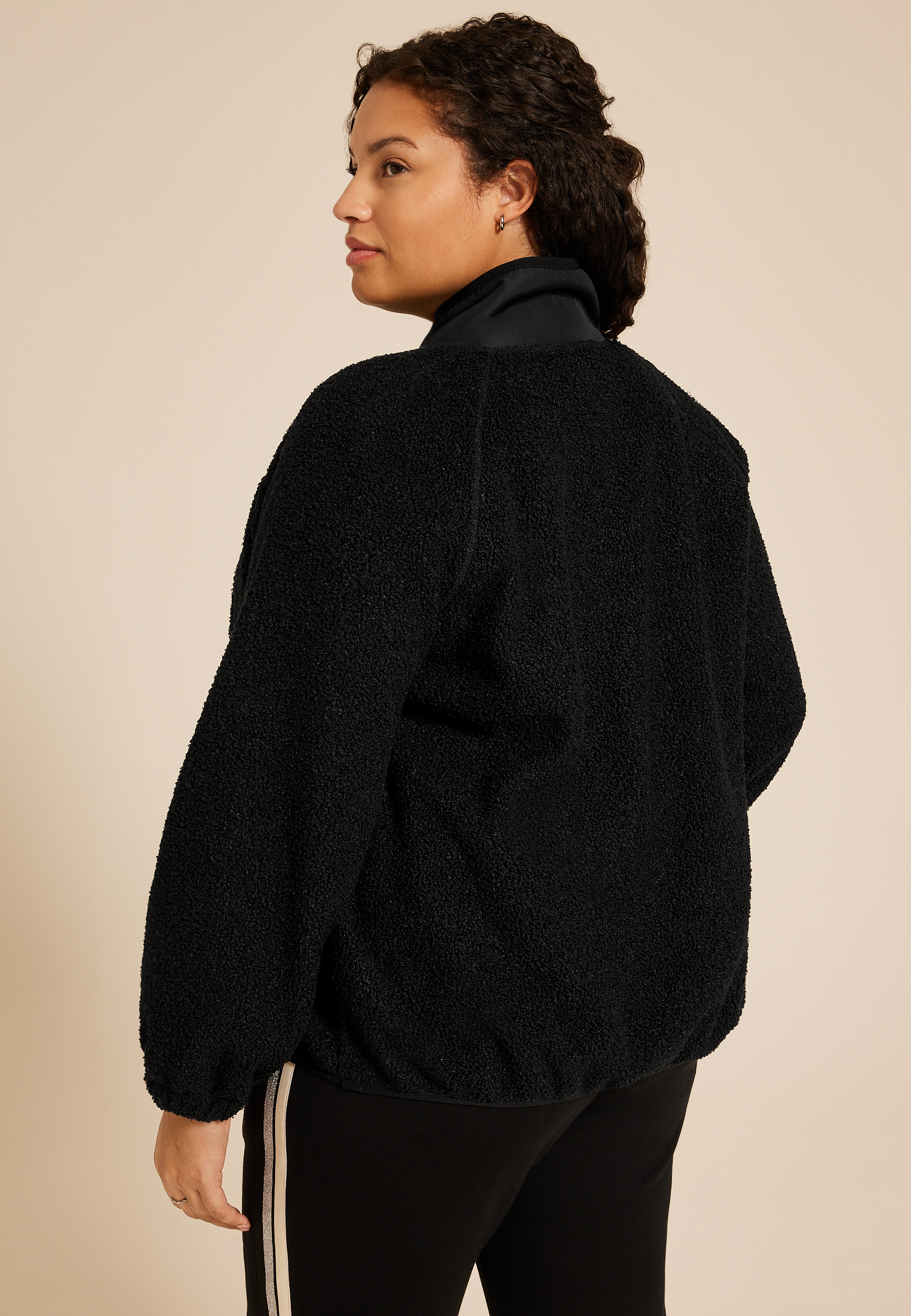 Plus Size Sherpa Snap Button Front Jacket, , large