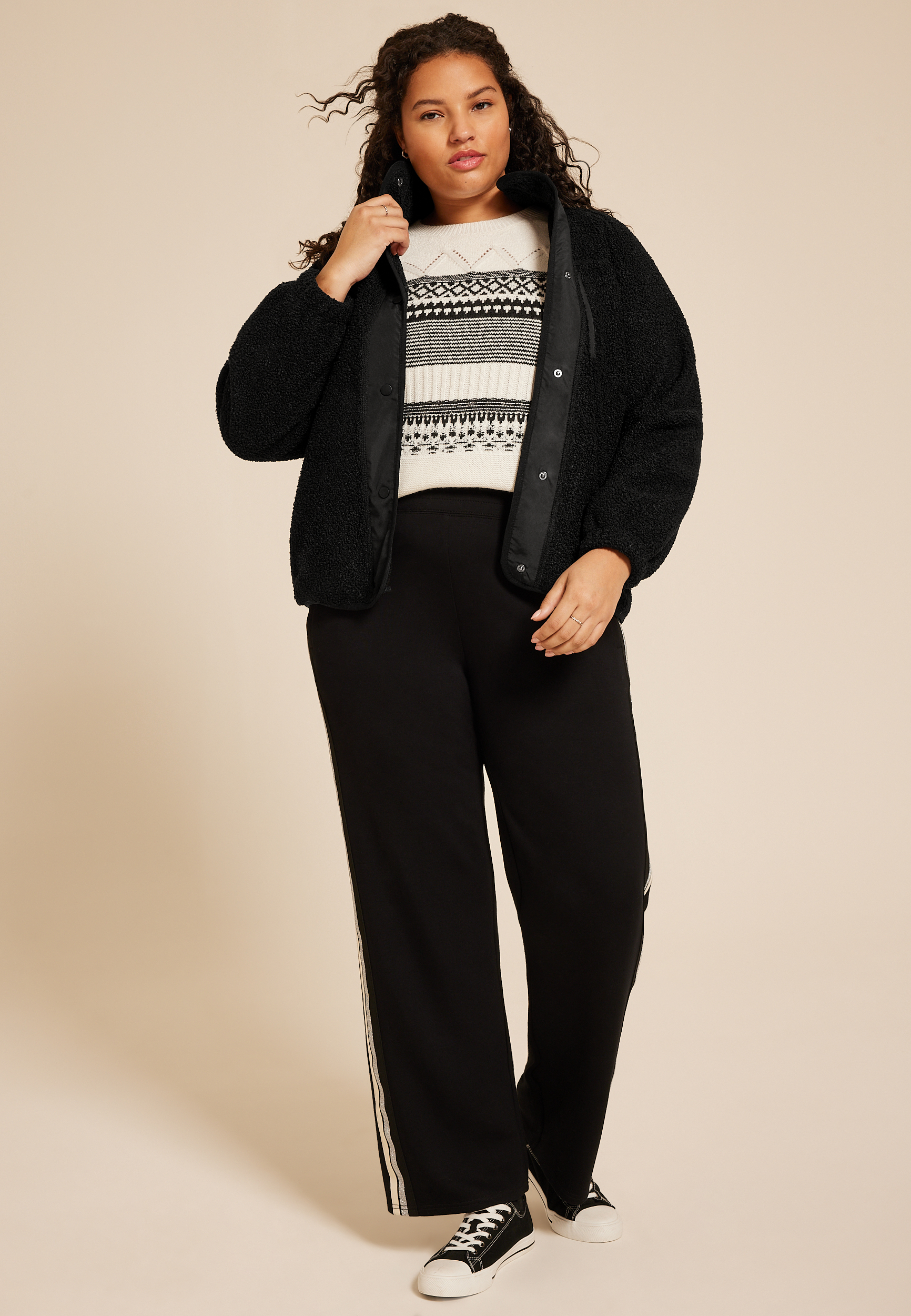 Plus Size Sherpa Snap Button Front Jacket, , large