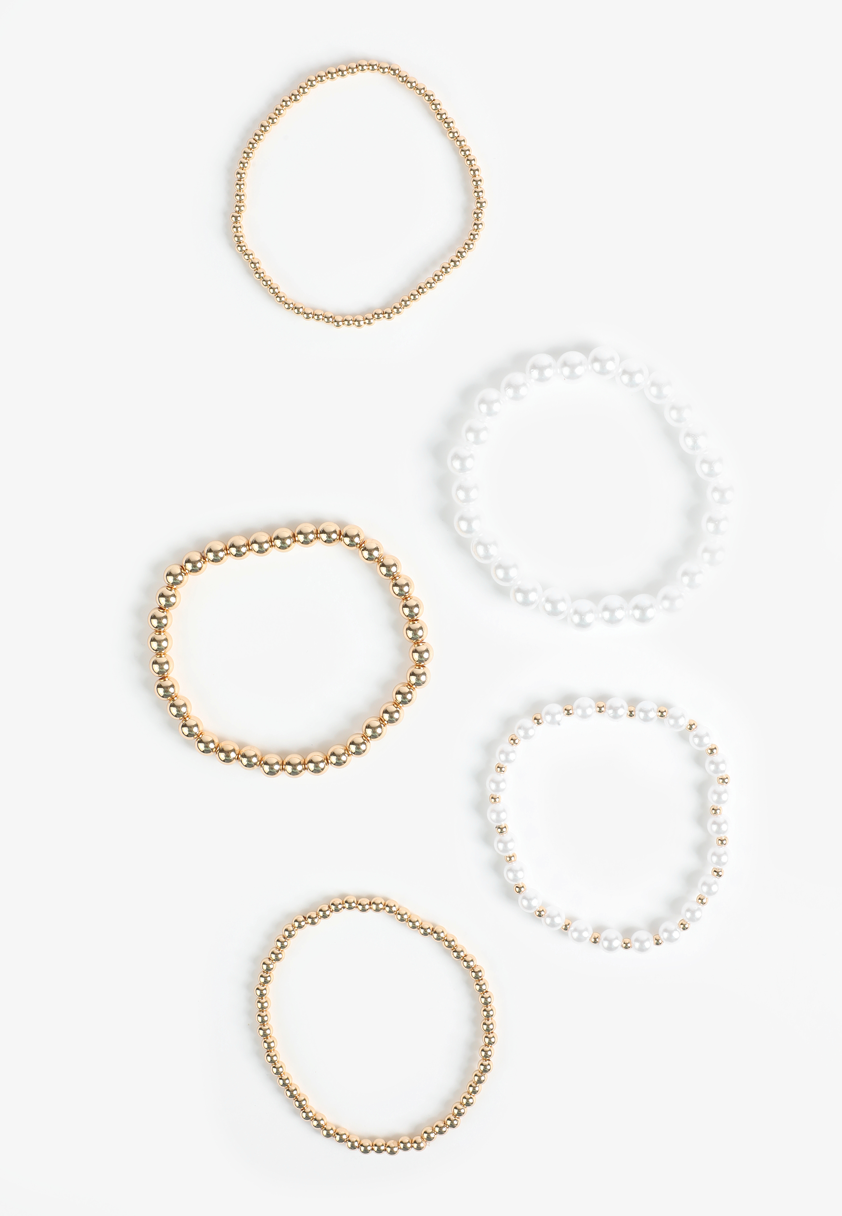 4 Pack Gold and Faux Pearl Beaded Stretch Bracelet Set, PEARL COMBO, large