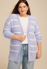Plus Size Chenille Stripe 90s Slouch Cardigan, LAVENDER COMBO, small