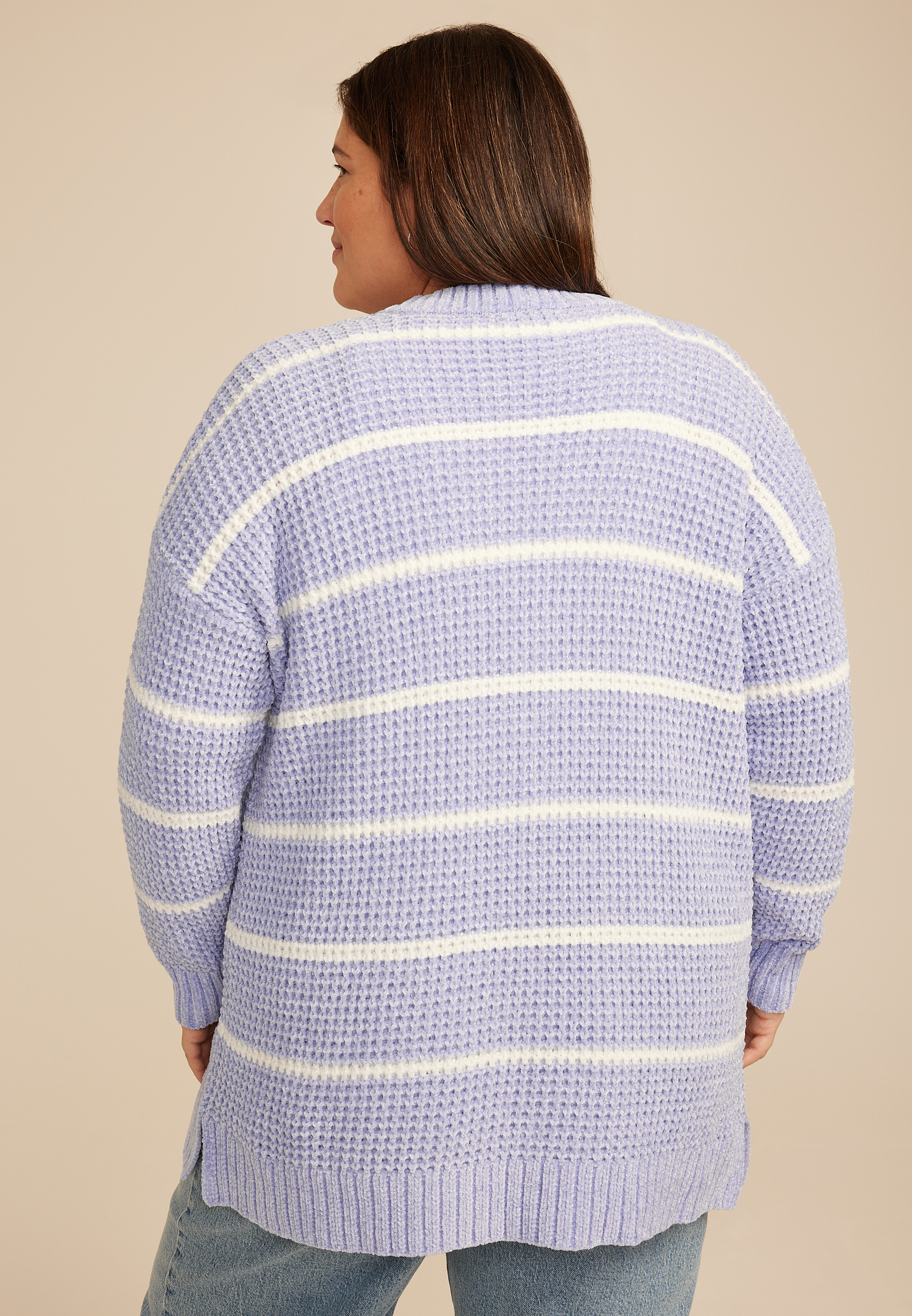 Plus Size Chenille Stripe 90s Slouch Cardigan, LAVENDER COMBO, large