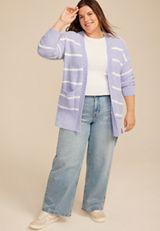 Plus Size Chenille Stripe 90s Slouch Cardigan, LAVENDER COMBO, small