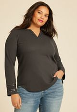 Plus Size Sequin Embellished Waffle Knit Long Sleeve Tee, , small