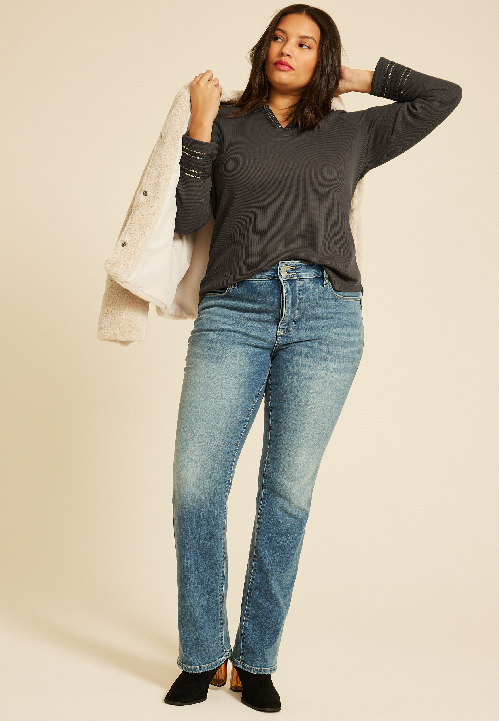 Plus Size Sequin Embellished Waffle Knit Long Sleeve Tee, , large