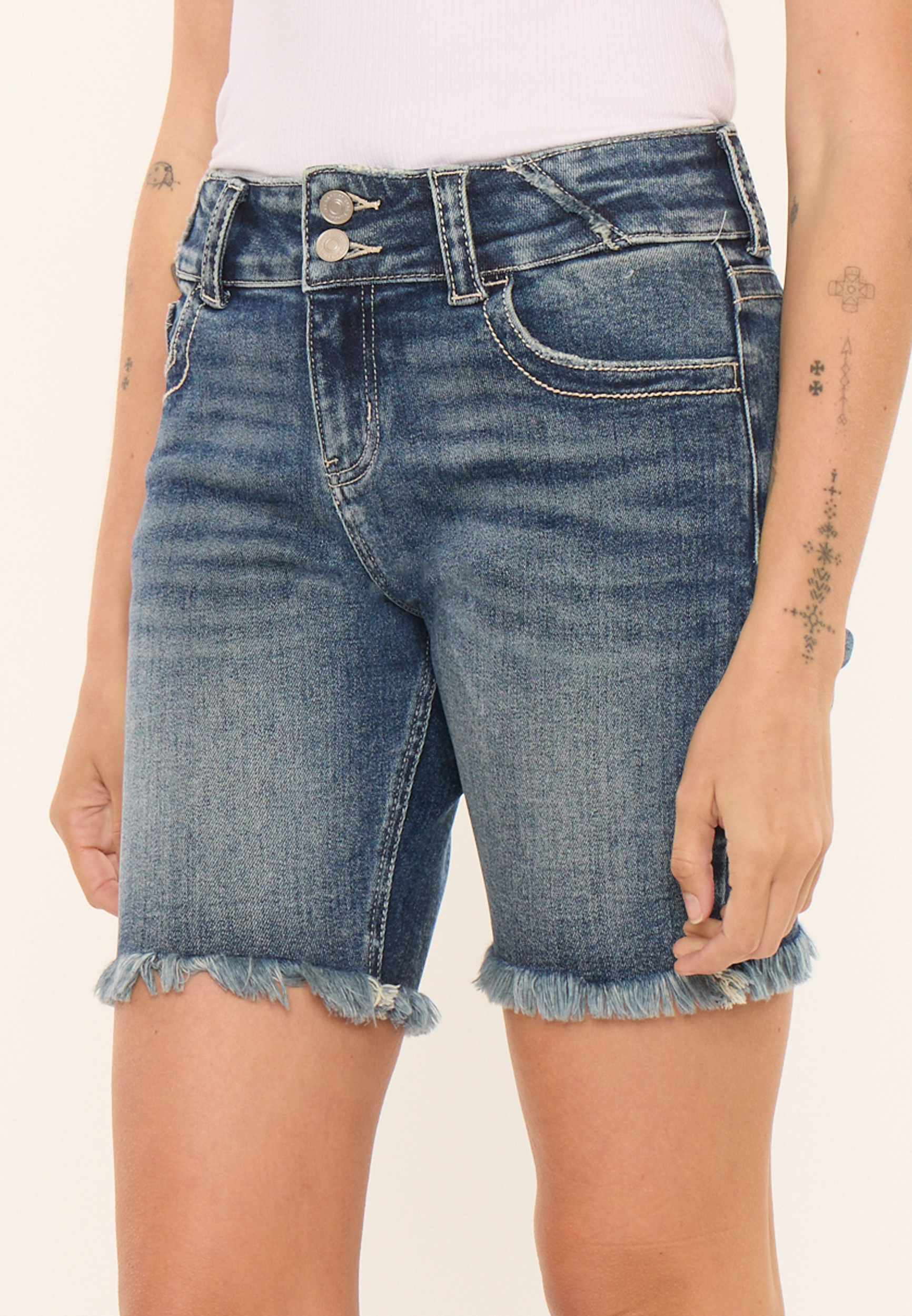 KanCan&trade; Mid Rise Frayed Hem 8in Bermuda Short, C3337, large